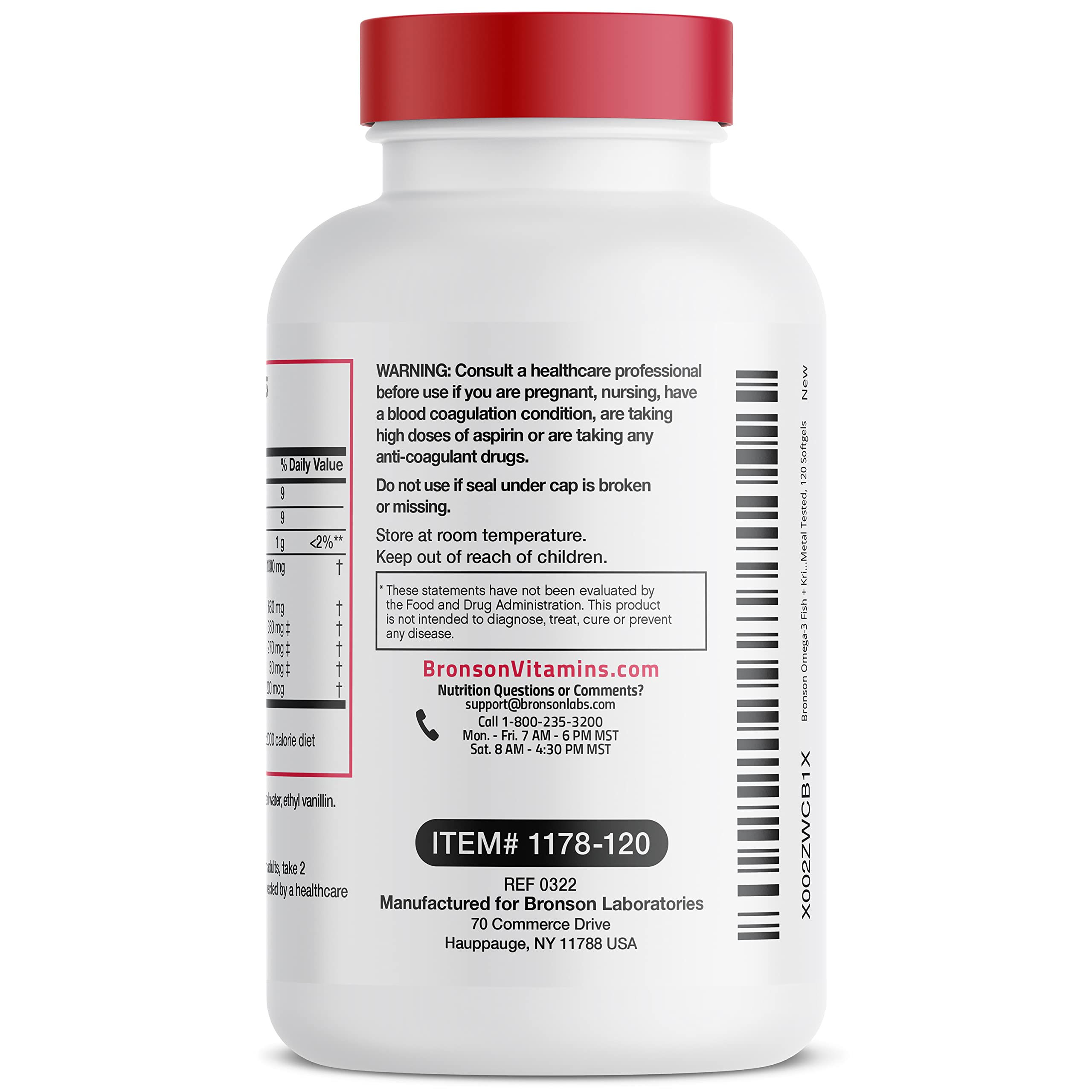 Bronson etiqueta nutricional destacando EPA, DHA y controles de calidad