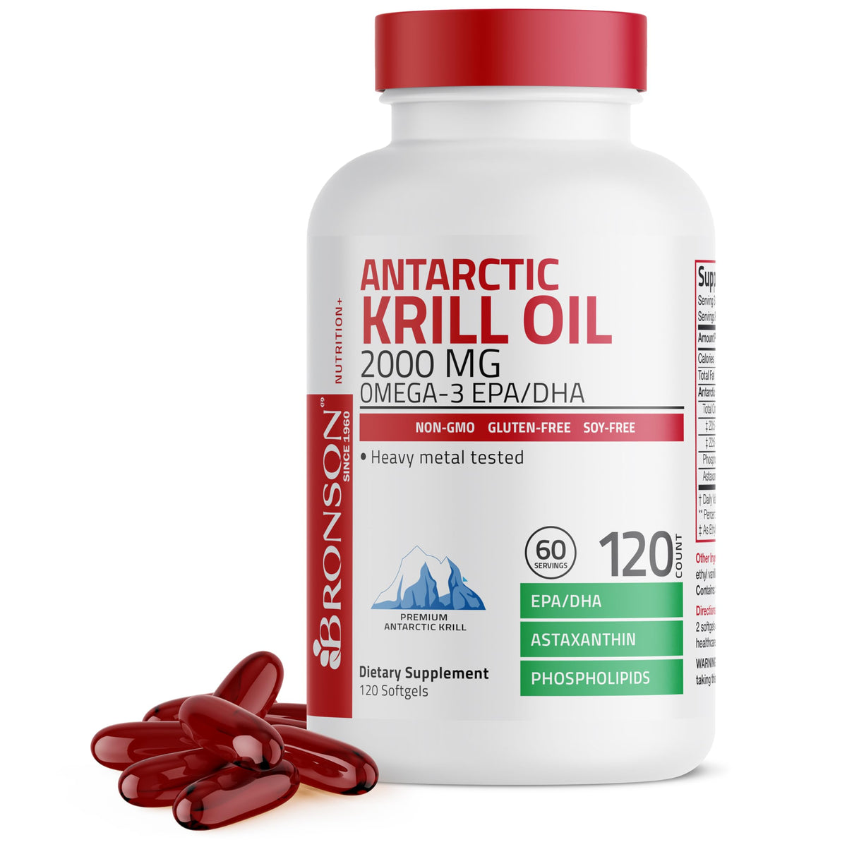 Bronson frente del empaque mostrando 120 softgels y beneficios del producto