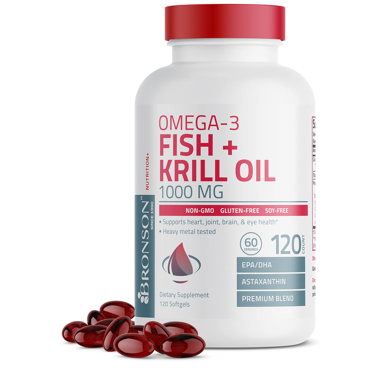 Bronson envase frontal mostrando 120 cápsulas y mezcla fish krill