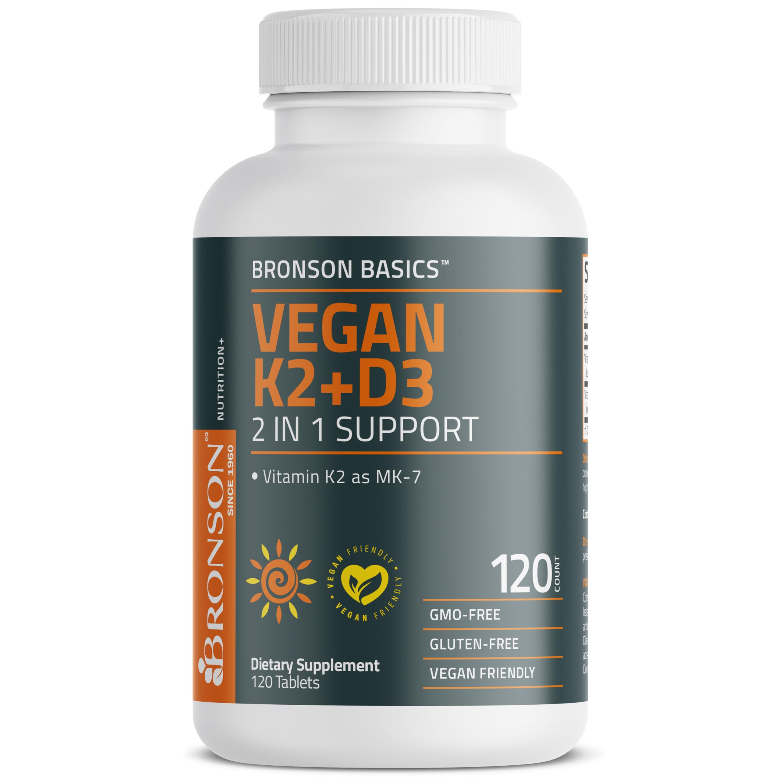 Bronson frontal del envase K2+D3 mostrando dosis y vegano