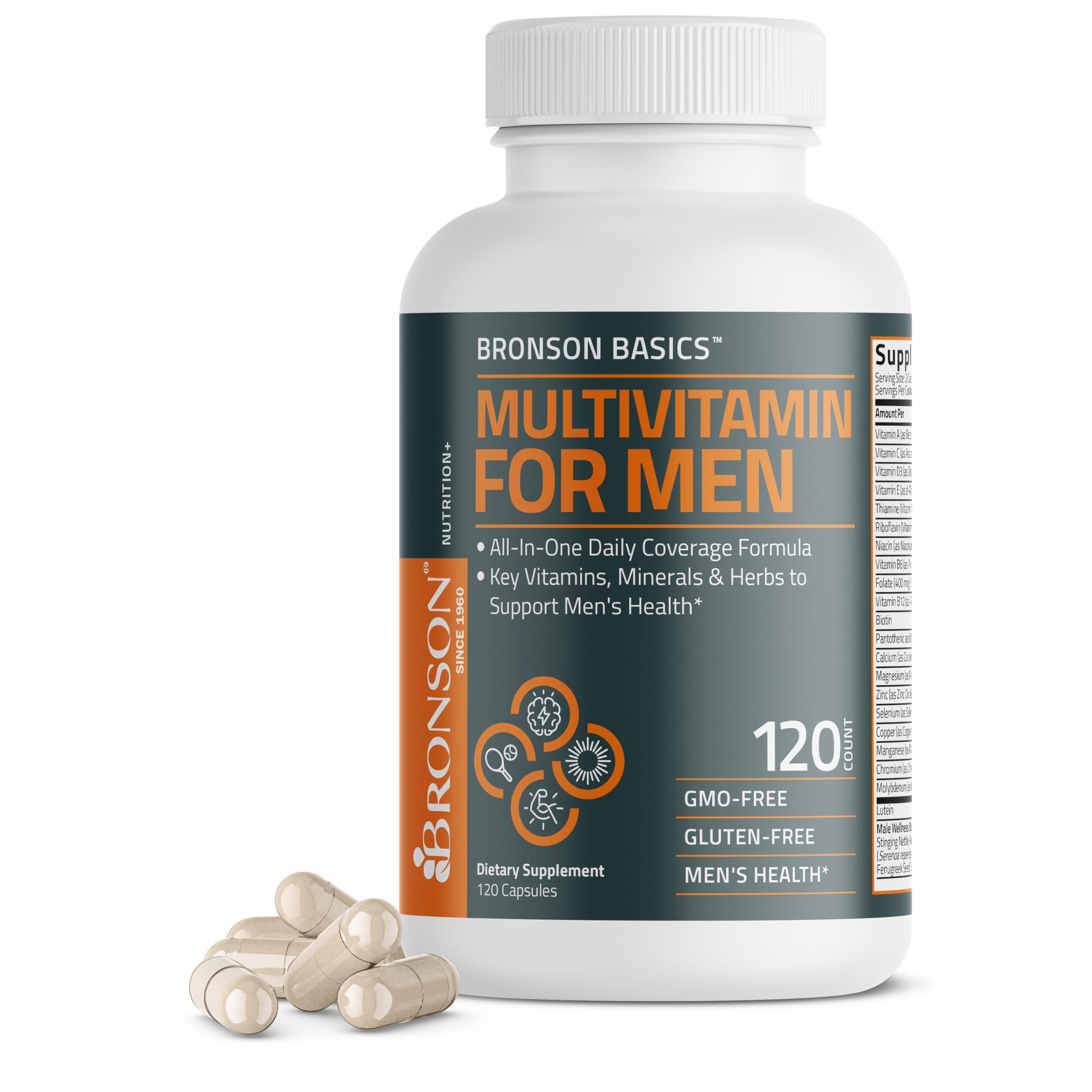 Bronson frontal del envase multivitamínico para hombres mostrando presentación y beneficios