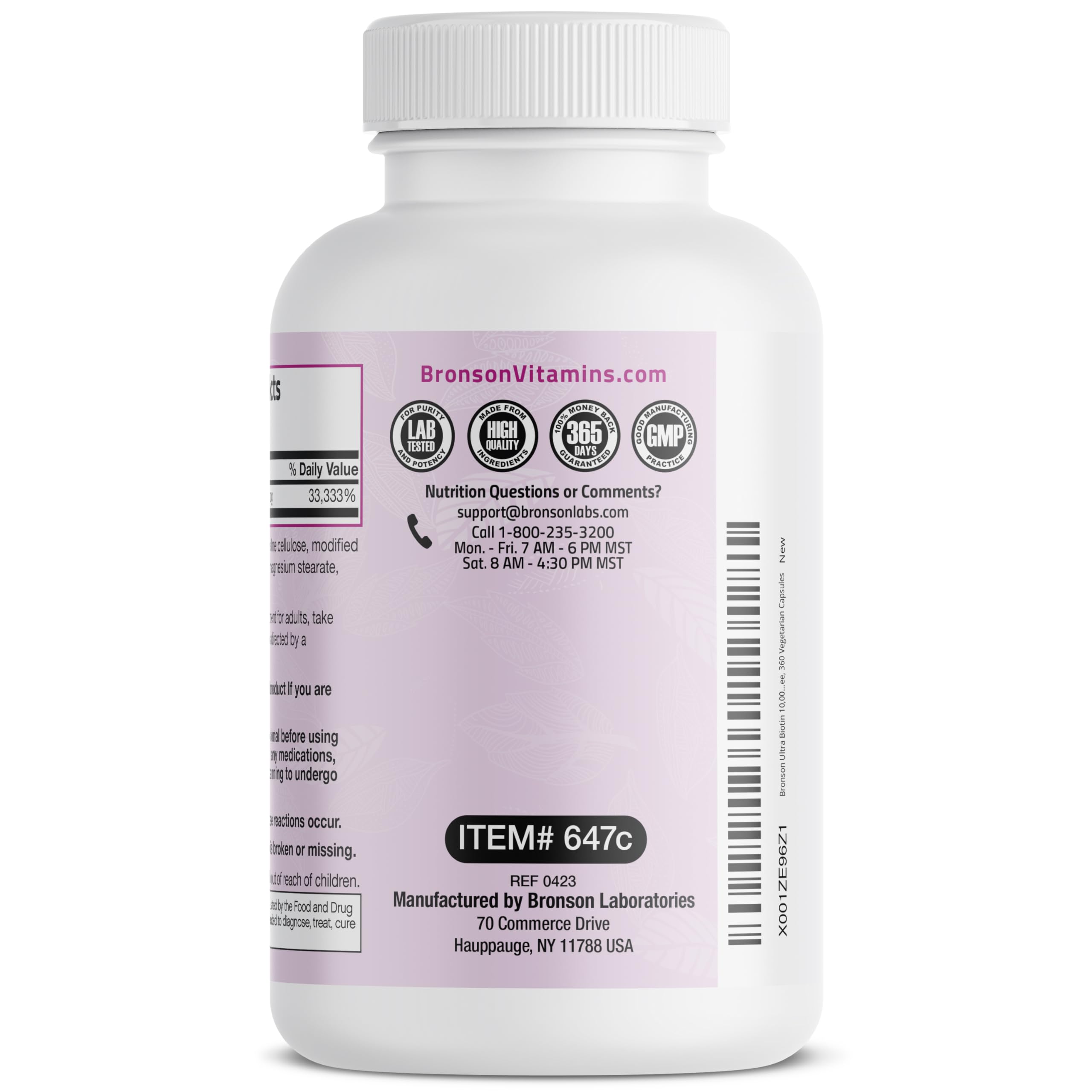Bronson listado de ingredientes y sello cGMP señalando control de calidad