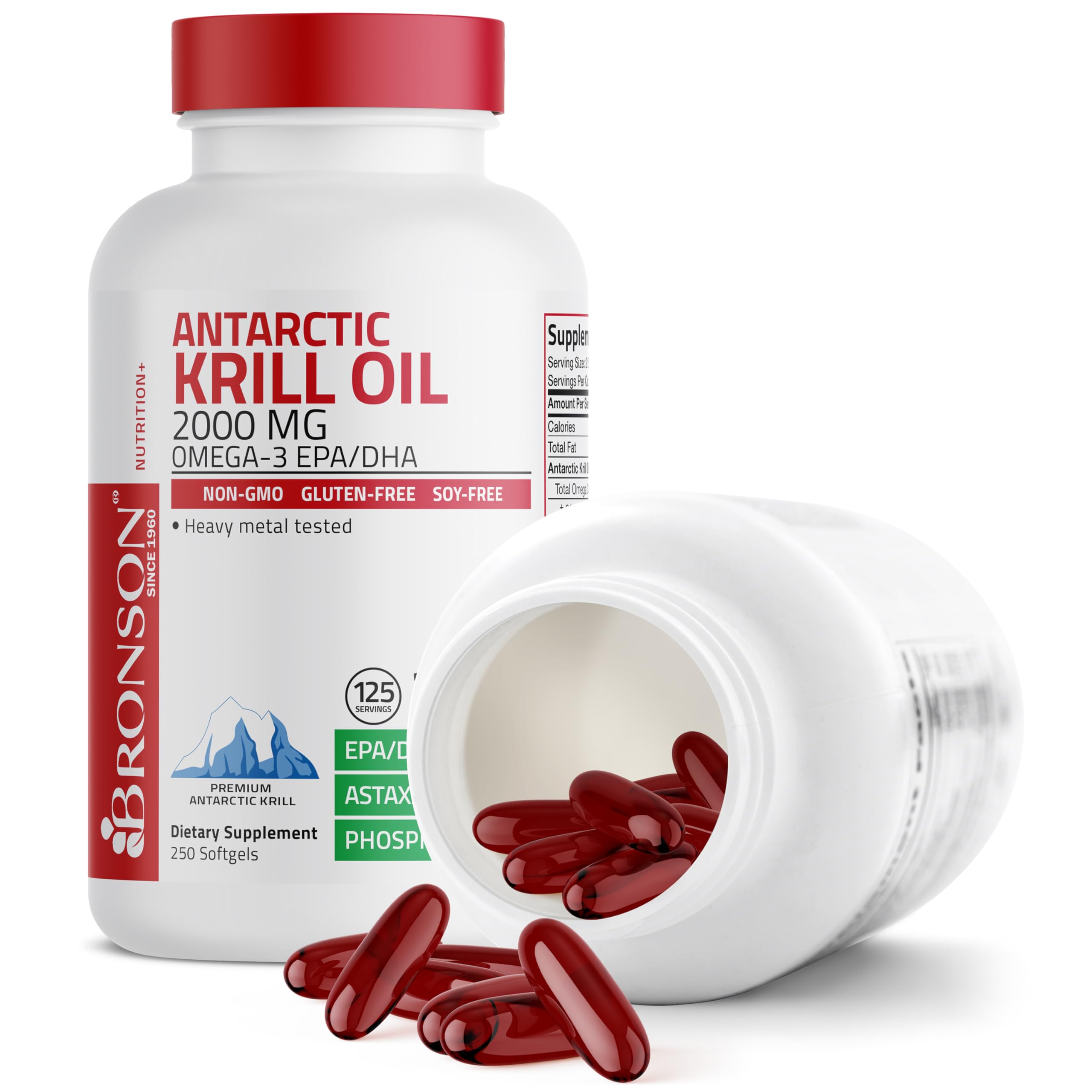 Bronson krill etiqueta con ingredientes y certificaciones visibles