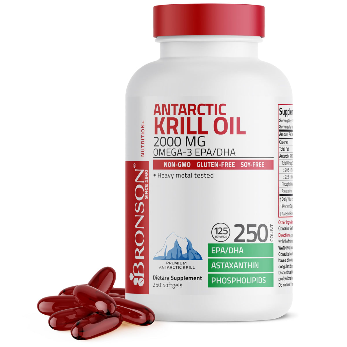 Bronson krill envase frontal mostrando 250 cápsulas y beneficios