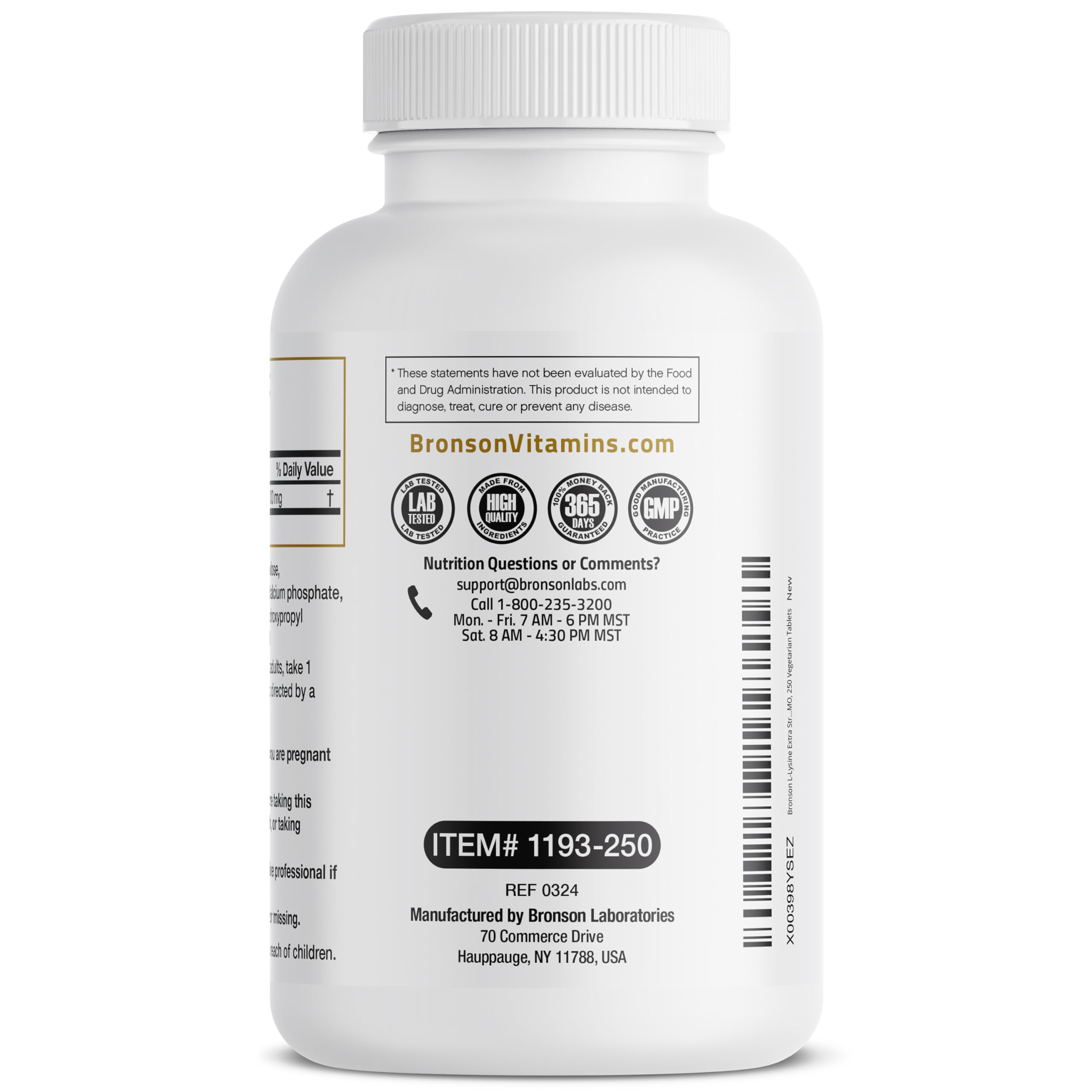 Detalle de tabletas Bronson L‑Lysine para reconocer tamaño y textura