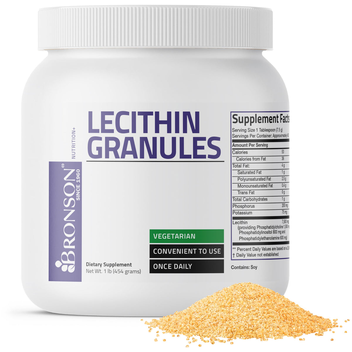 Bronson Lecithin Granules vista frontal del envase, calidad y pureza visibles