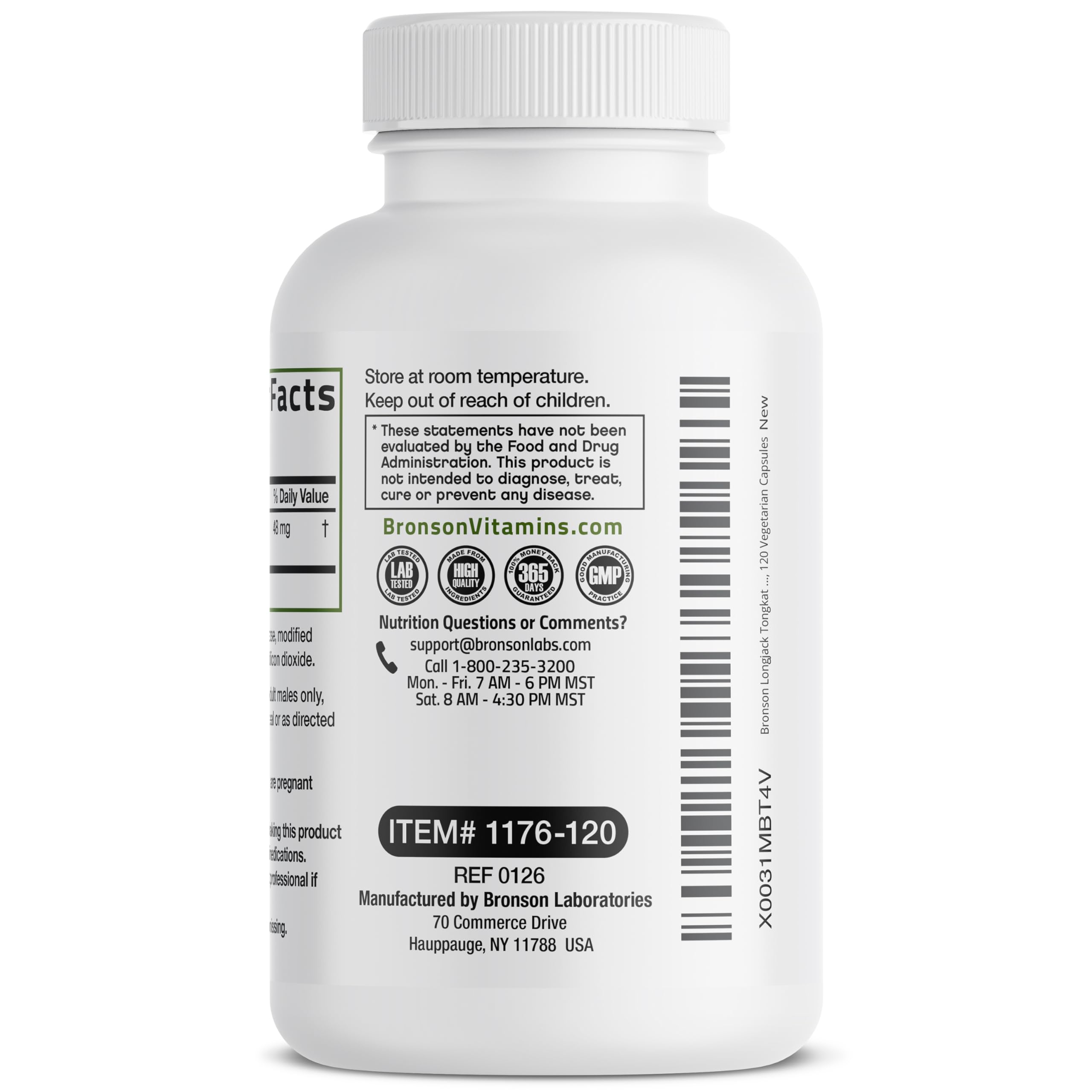 Bronson Longjack etiqueta detallada con certificaciones cGMP y sin gluten