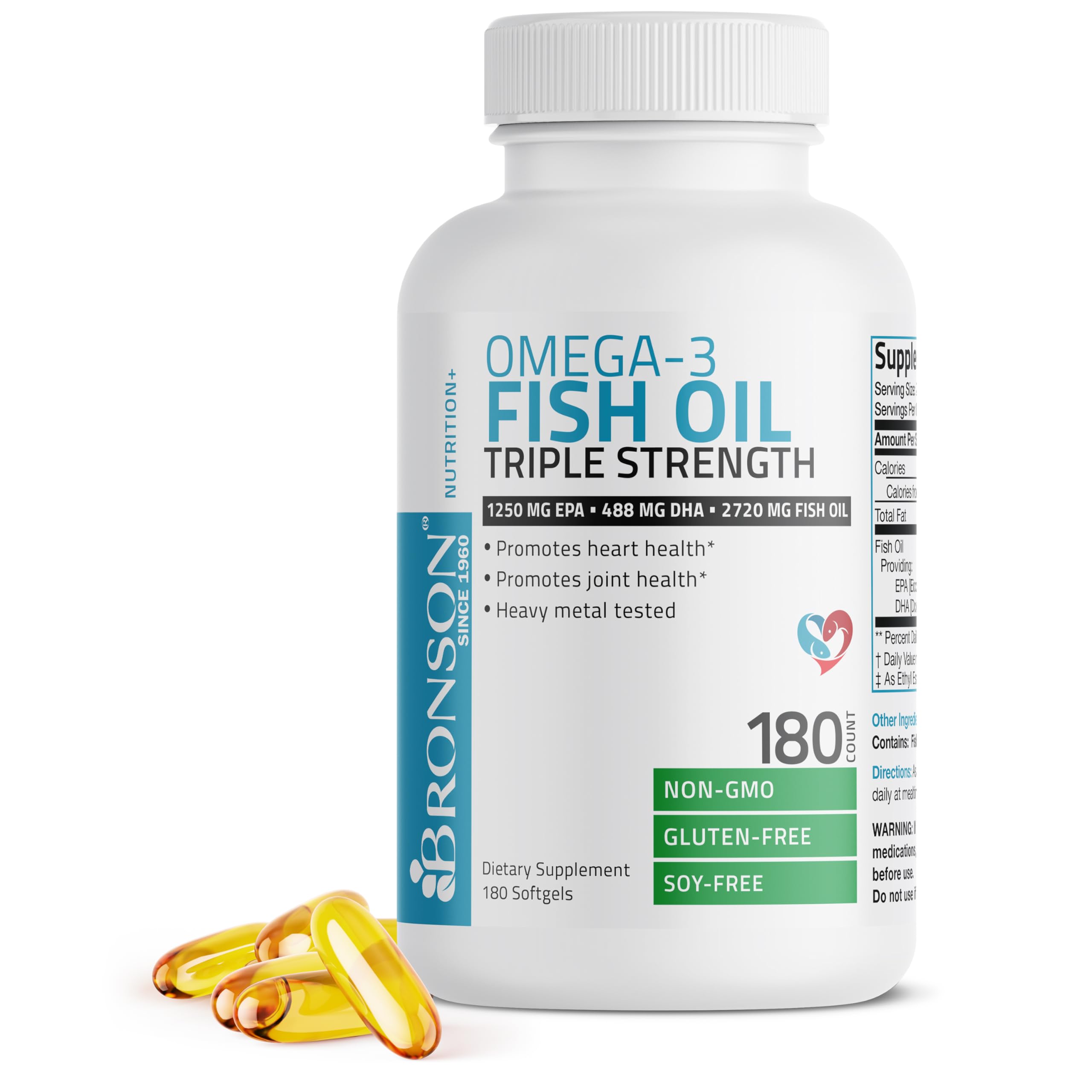 Bronson frasco frontal mostrando 180 softgels y alta concentración de omega‑3