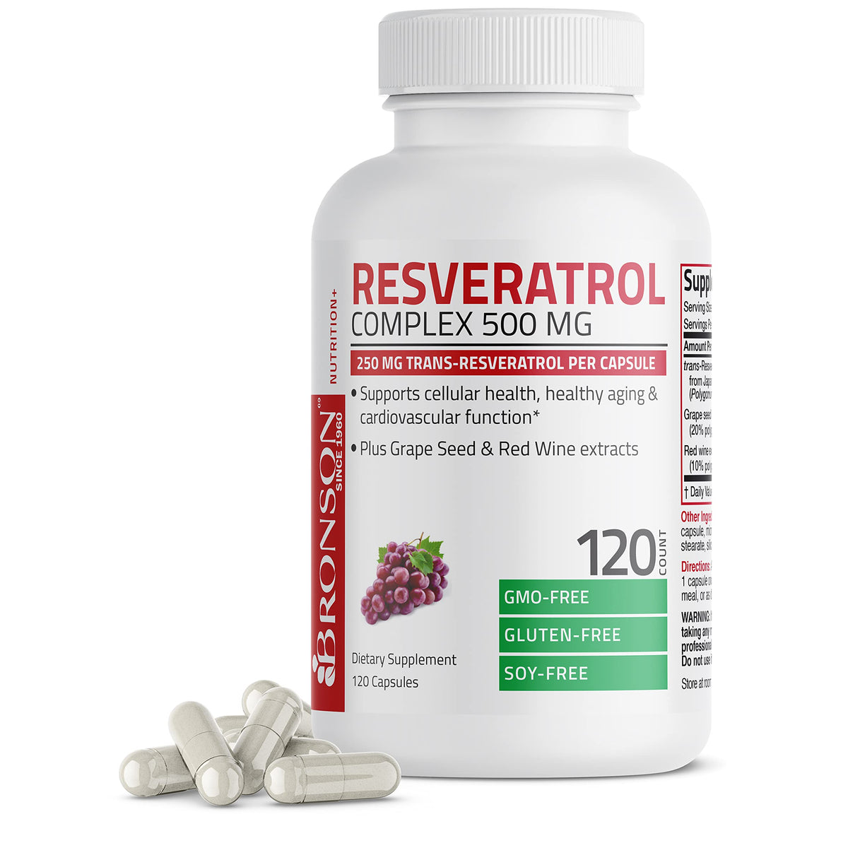 Bronson envase frontal Resveratrol 500, presentación clara y beneficios antioxidantes