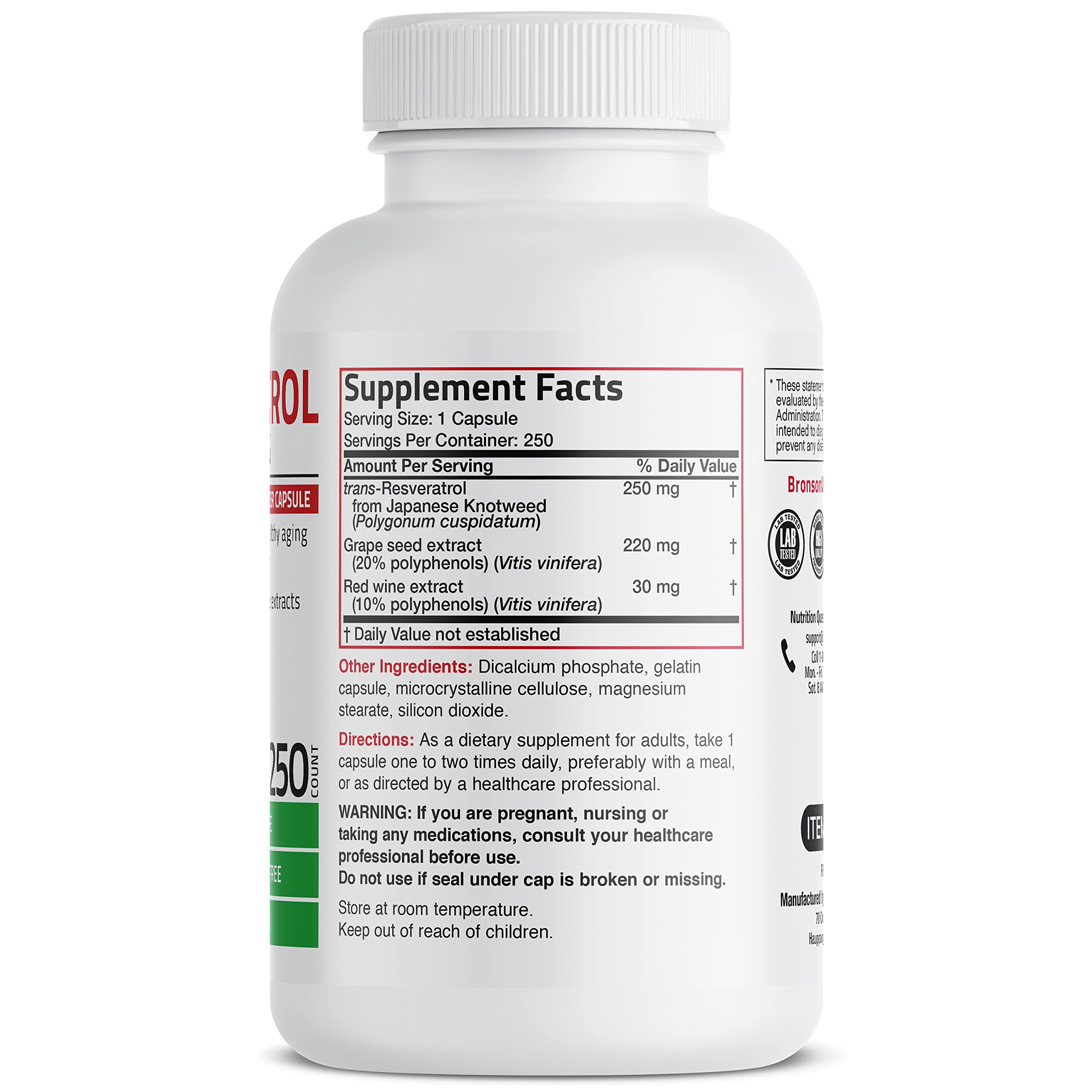Bronson Resveratrol cápsulas alineadas mostrando tamaño y recubrimiento fácil de tragar
