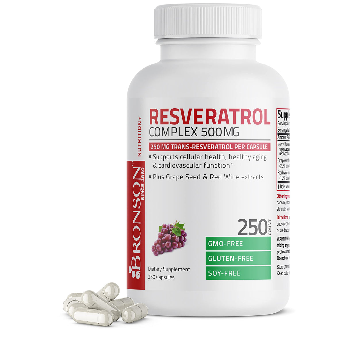 Bronson Resveratrol envase frontal mostrando etiqueta y cantidad de cápsulas