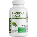 Bronson frasco frontal de Rhodiola Rosea 250 cápsulas mostrando presentación y beneficios