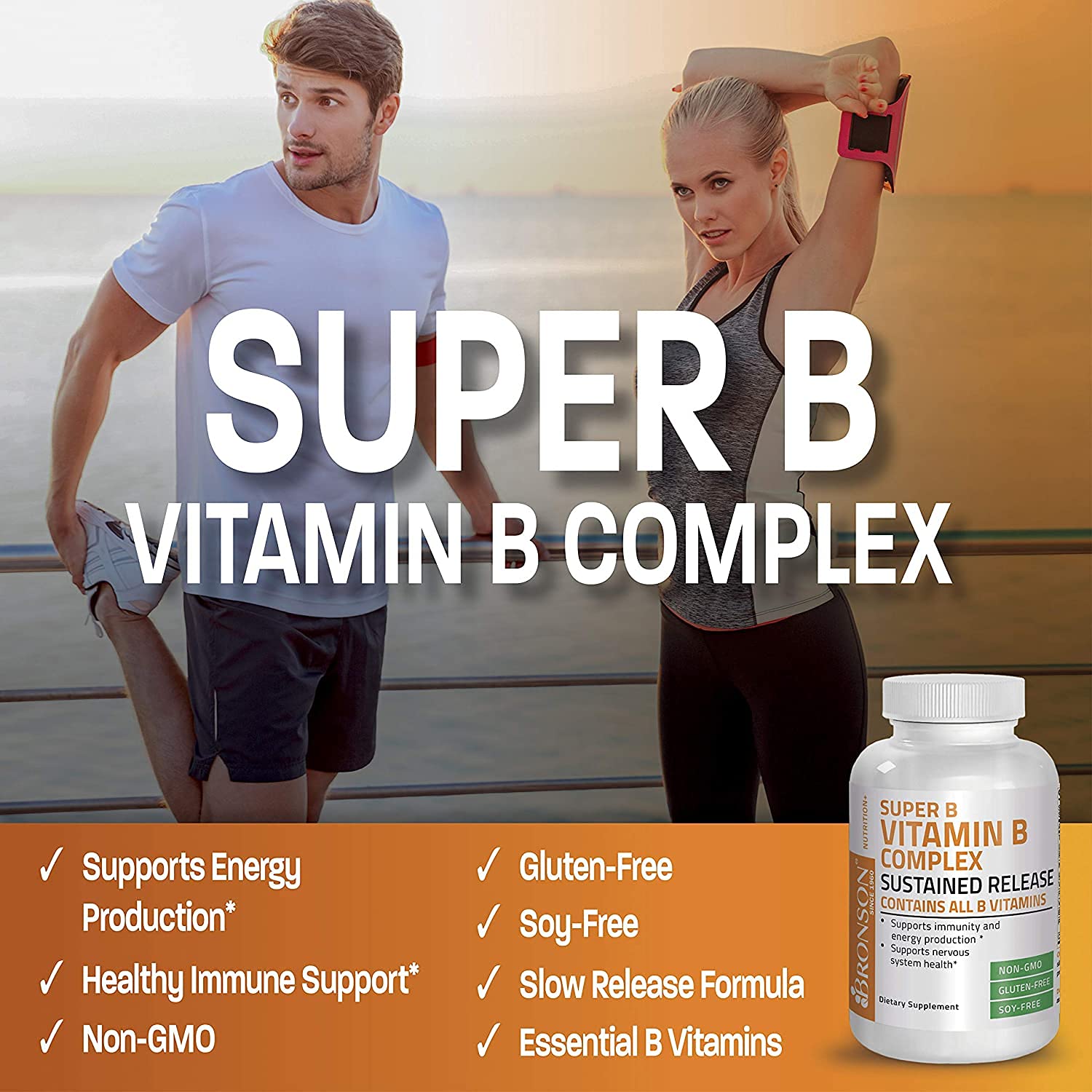 Bronson etiqueta con ingredientes, destacando todas las vitaminas B incluidas