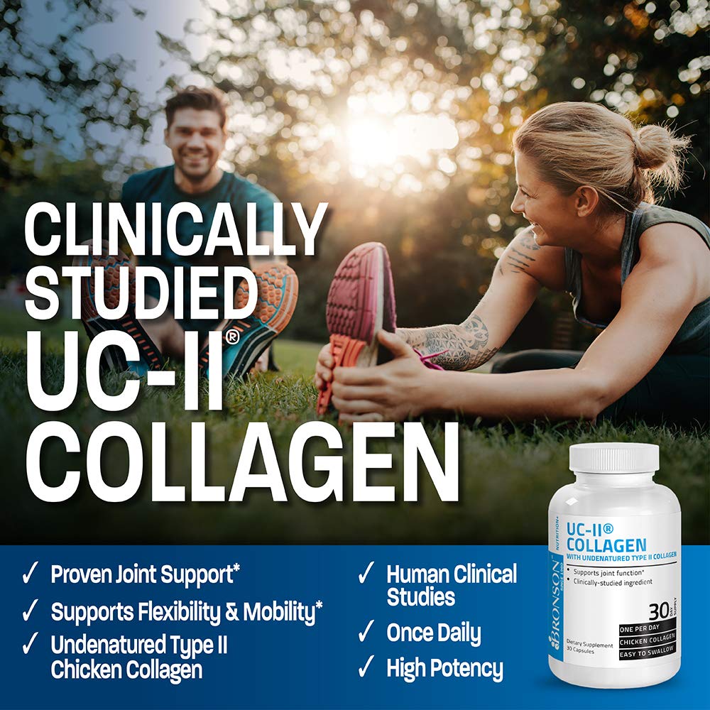 Etiqueta nutricional de Bronson UC-II con información de ingredientes y dosificación clara