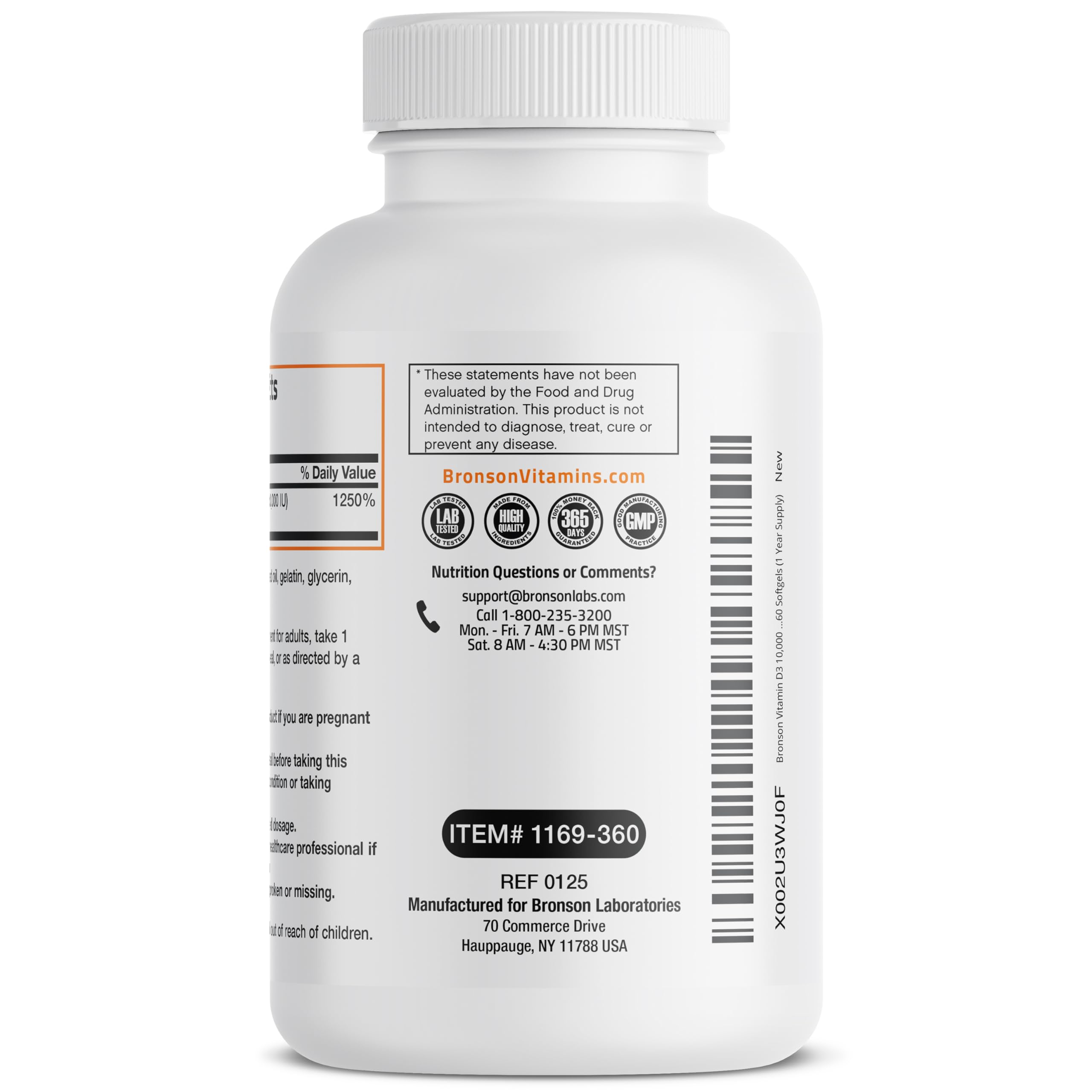 Bronson frasco abierto con 360 softgels mostrando cantidad por envase
