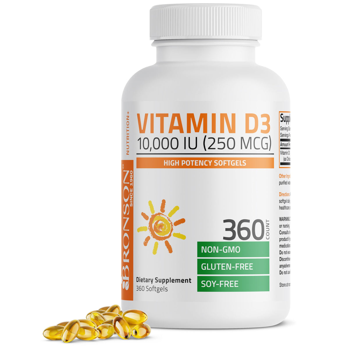 Bronson presentación frontal del envase mostrando 360 softgels y beneficios