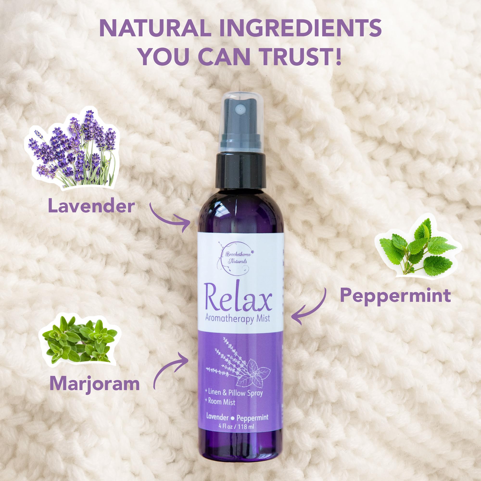 Brookethorne Naturals spray en almohada demostrando efecto calmante y fresco