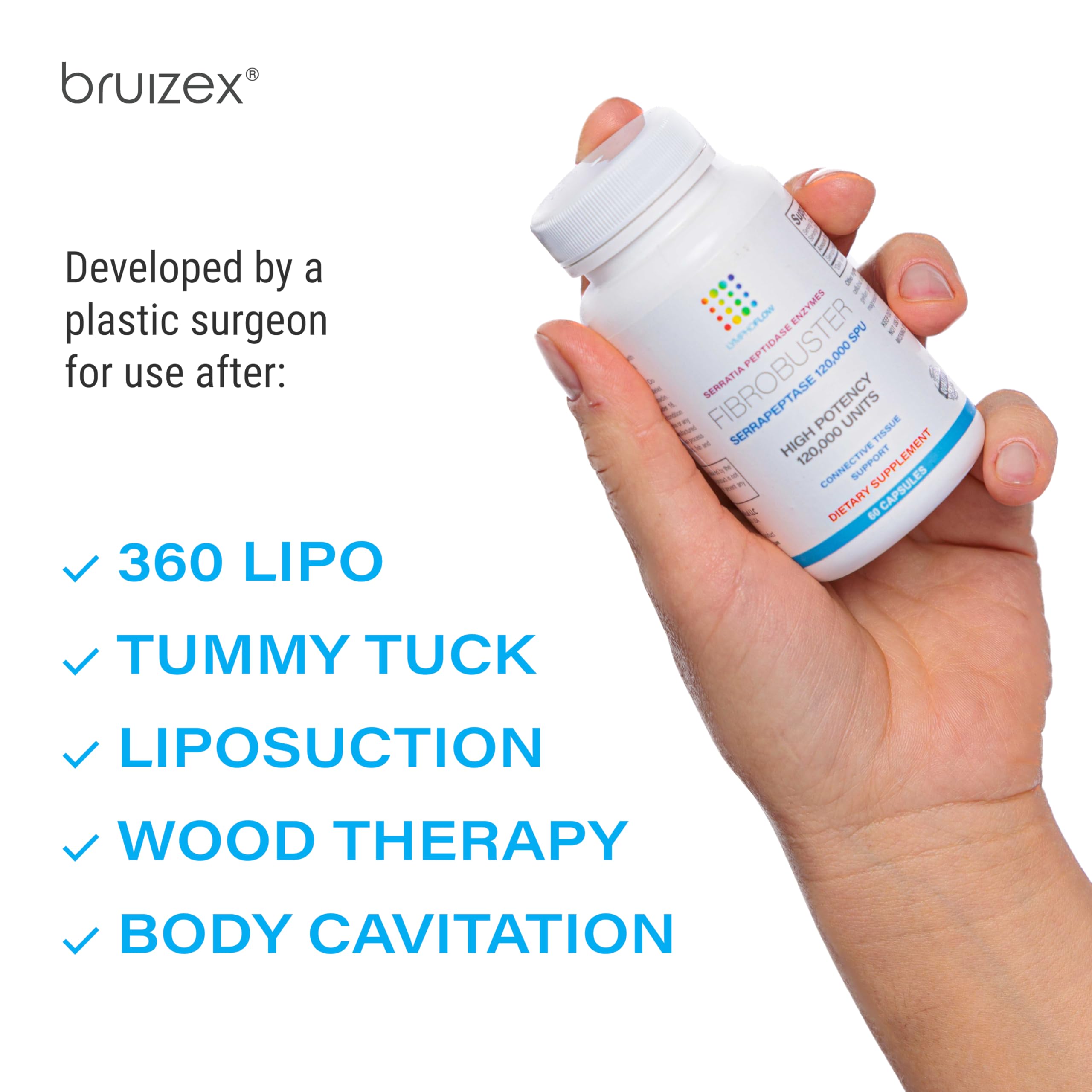 Frasco de Bruizex FibroBuster junto a una regla para mostrar tamaño real