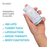 Frasco de Bruizex FibroBuster junto a una regla para mostrar tamaño real