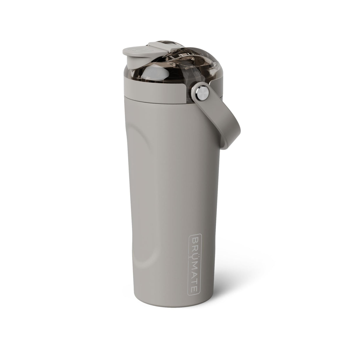 BrüMate MultiShaker frontal Mocha mostrando diseño elegante y beneficio de transporte
