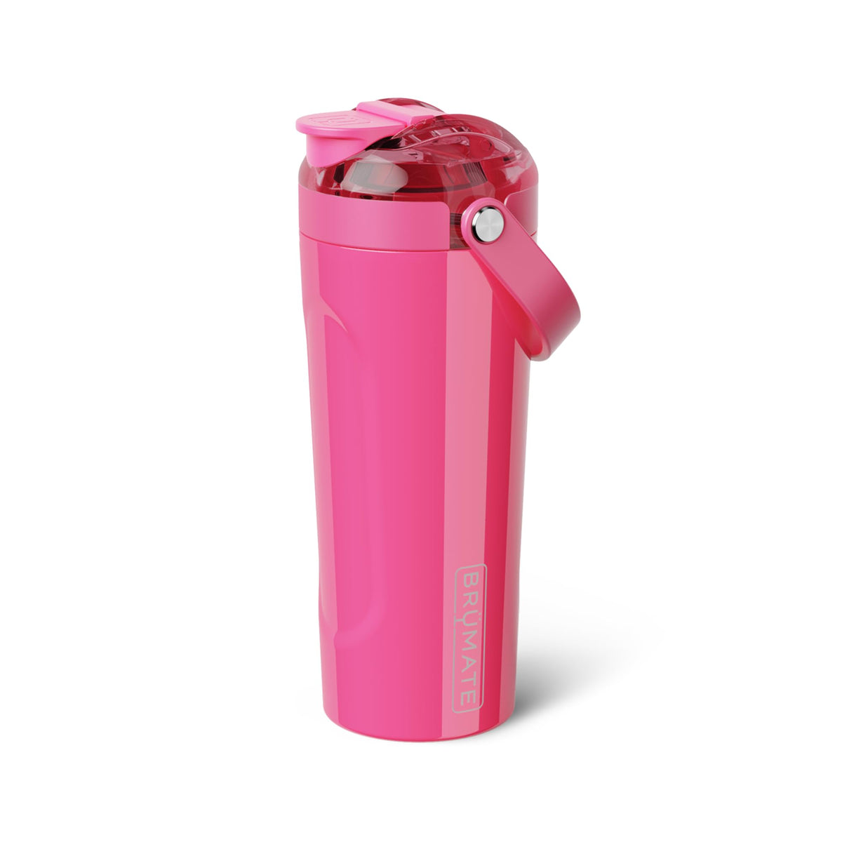 BrüMate MultiShaker frontal neón rosa mostrando diseño y agarre soft-touch