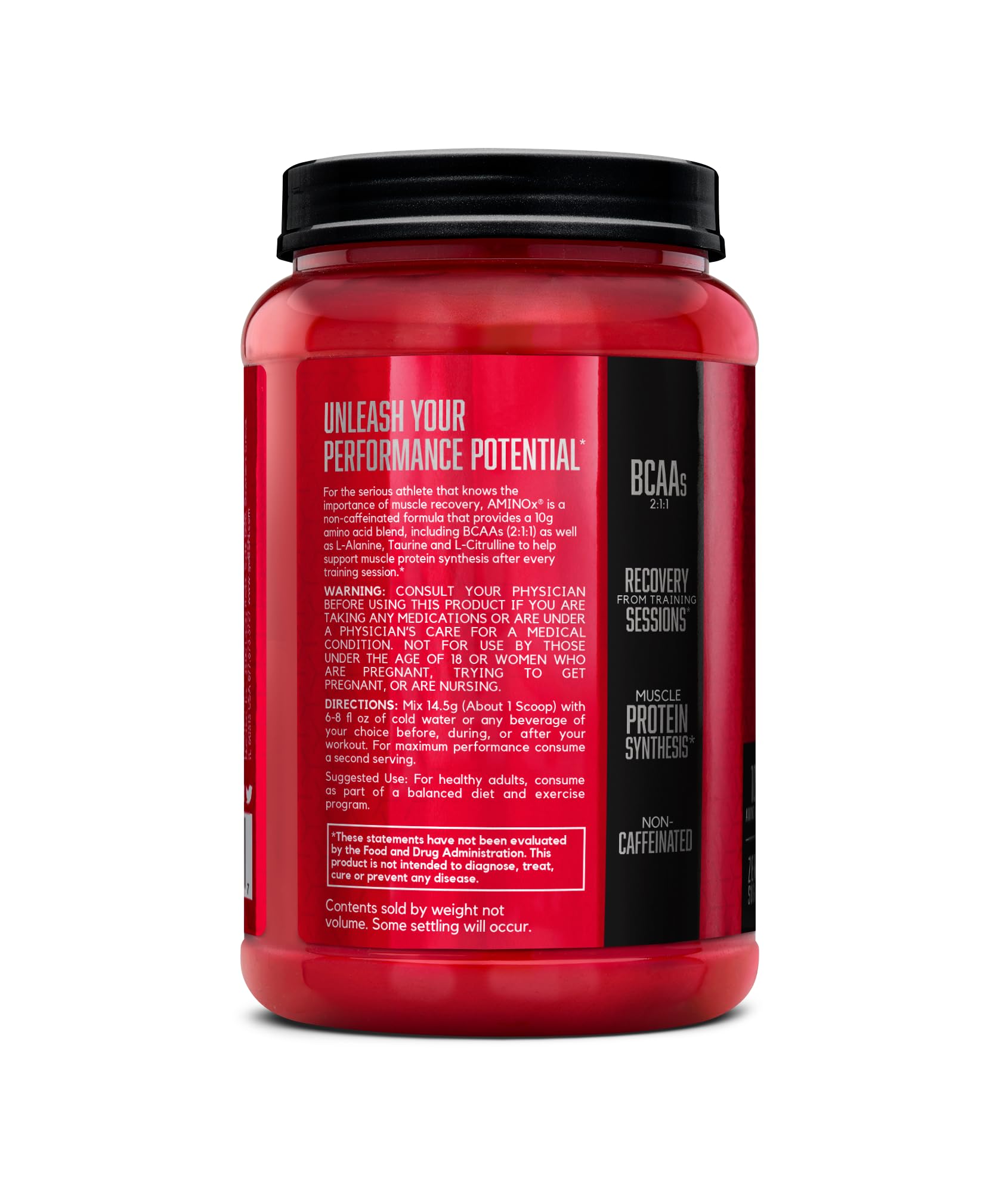 BSN bote abierto con polvo AMINOx mostrando color y consistencia