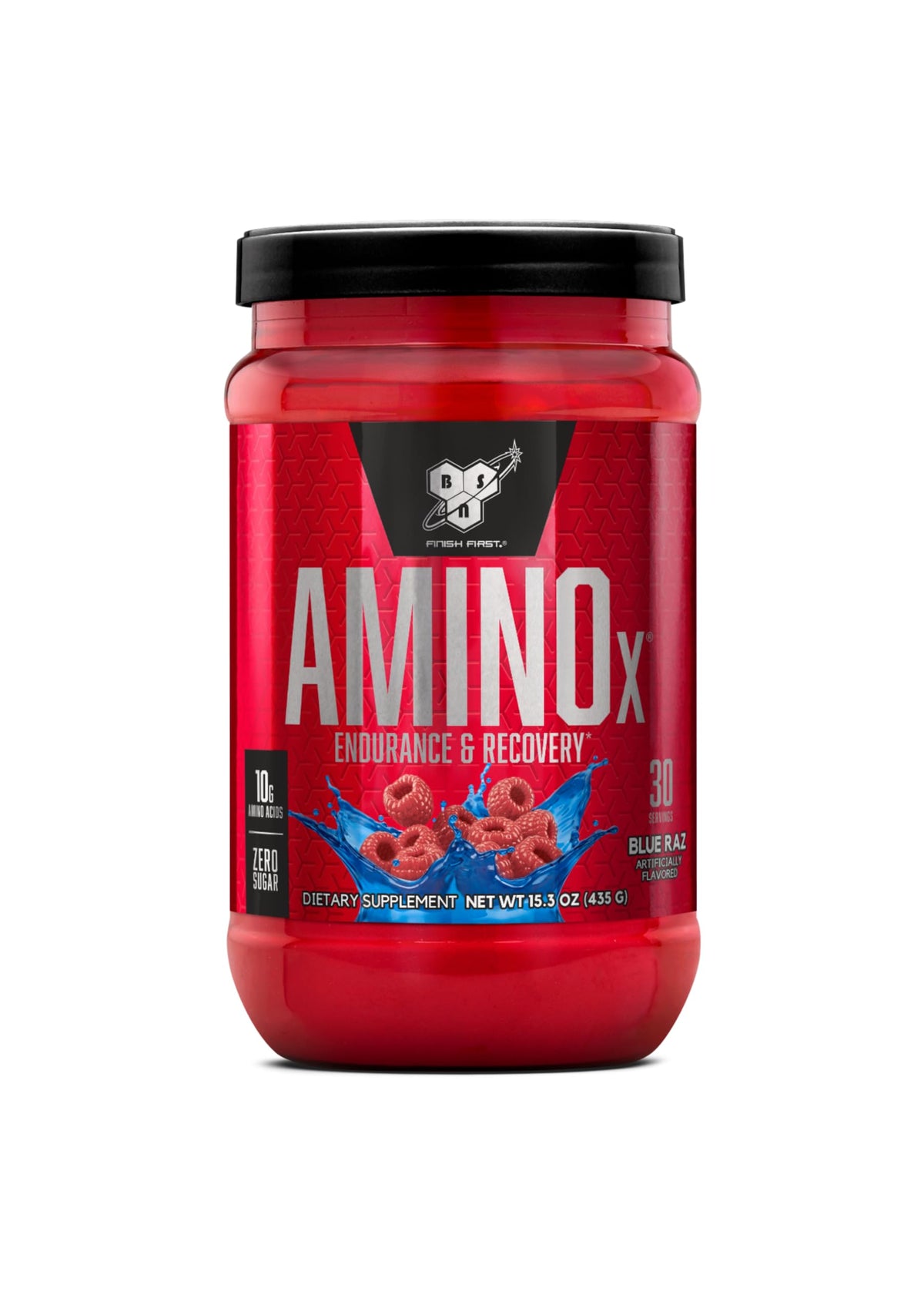 BSN frasco delantero Blue Raz mostrando etiqueta y porciones
