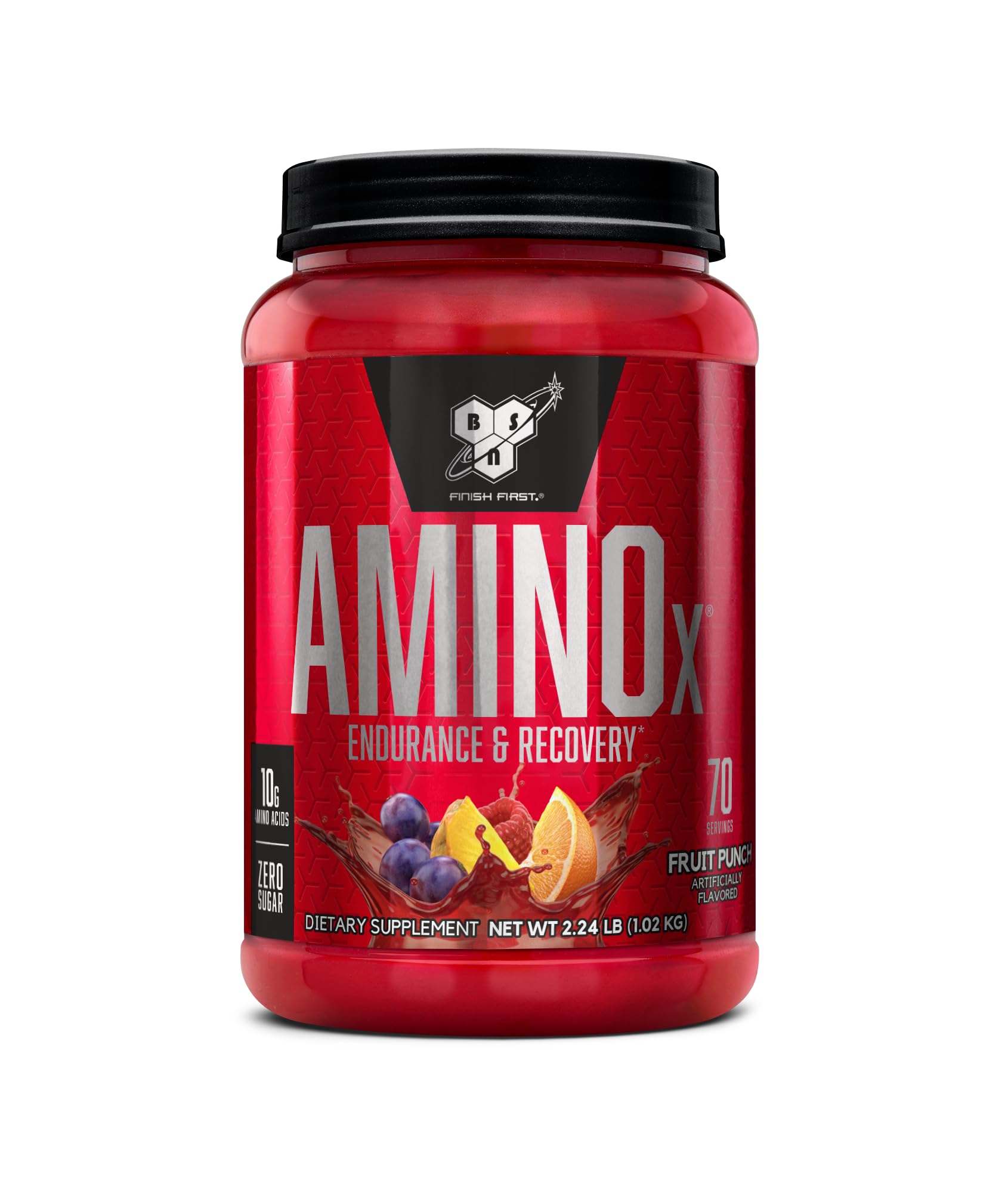 BSN envase frontal de AMINOx Fruit Punch mostrando tamaño y diseño