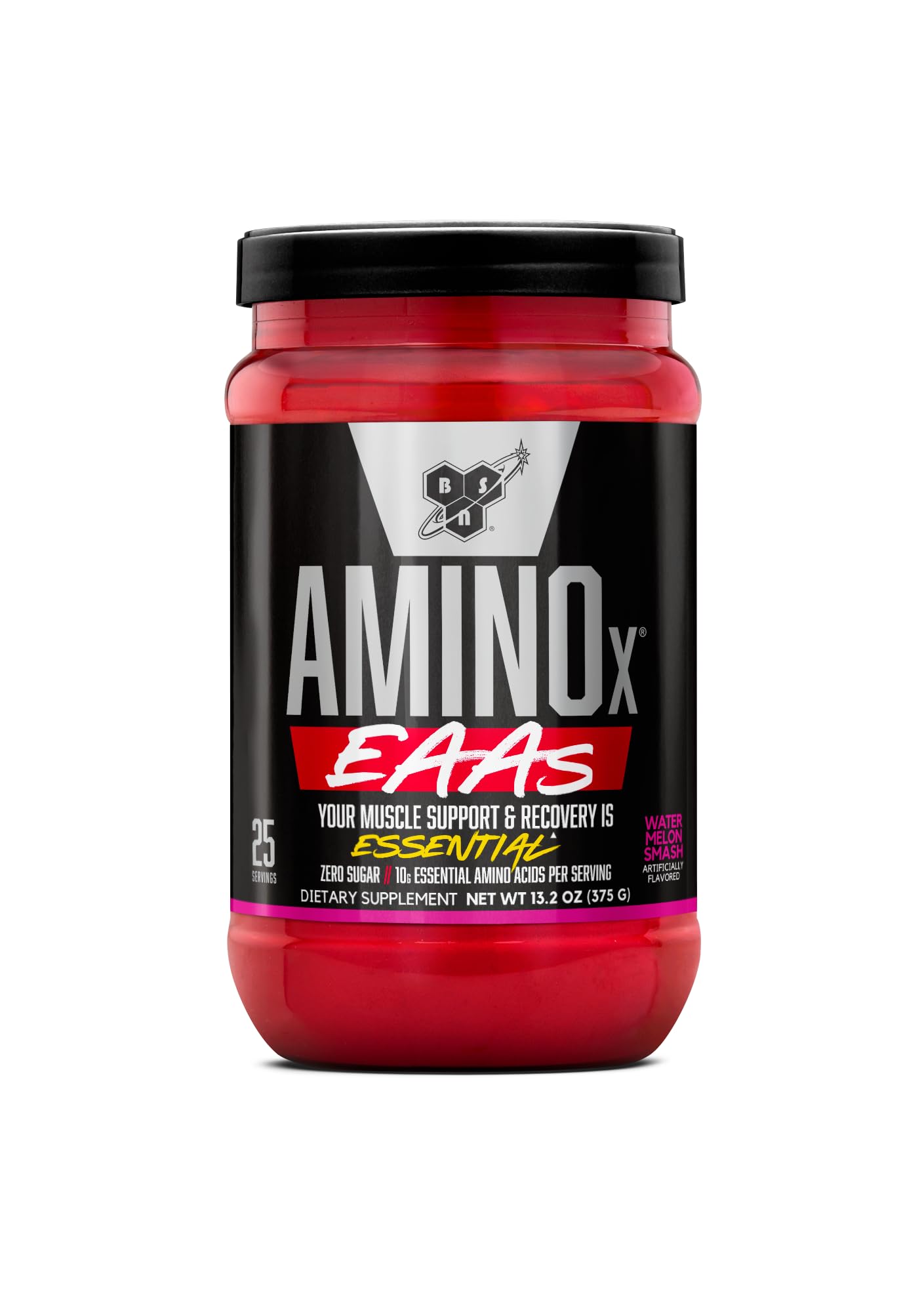 Envase BSN AMINOx EAAs frontal mostrando la marca y sabor Sandía Splash, aporta confianza