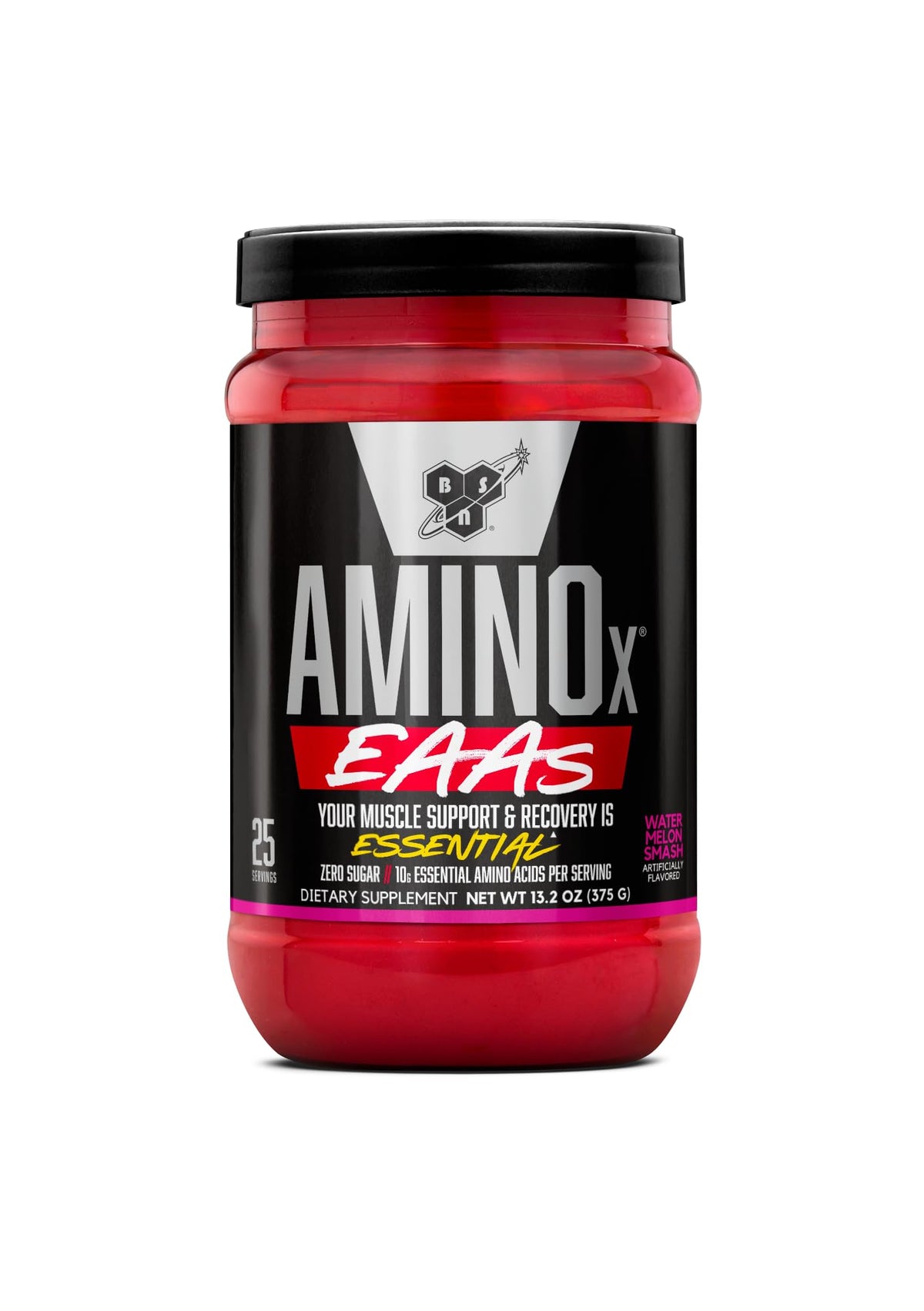 Envase BSN AMINOx EAAs frontal mostrando la marca y sabor Sandía Splash, aporta confianza