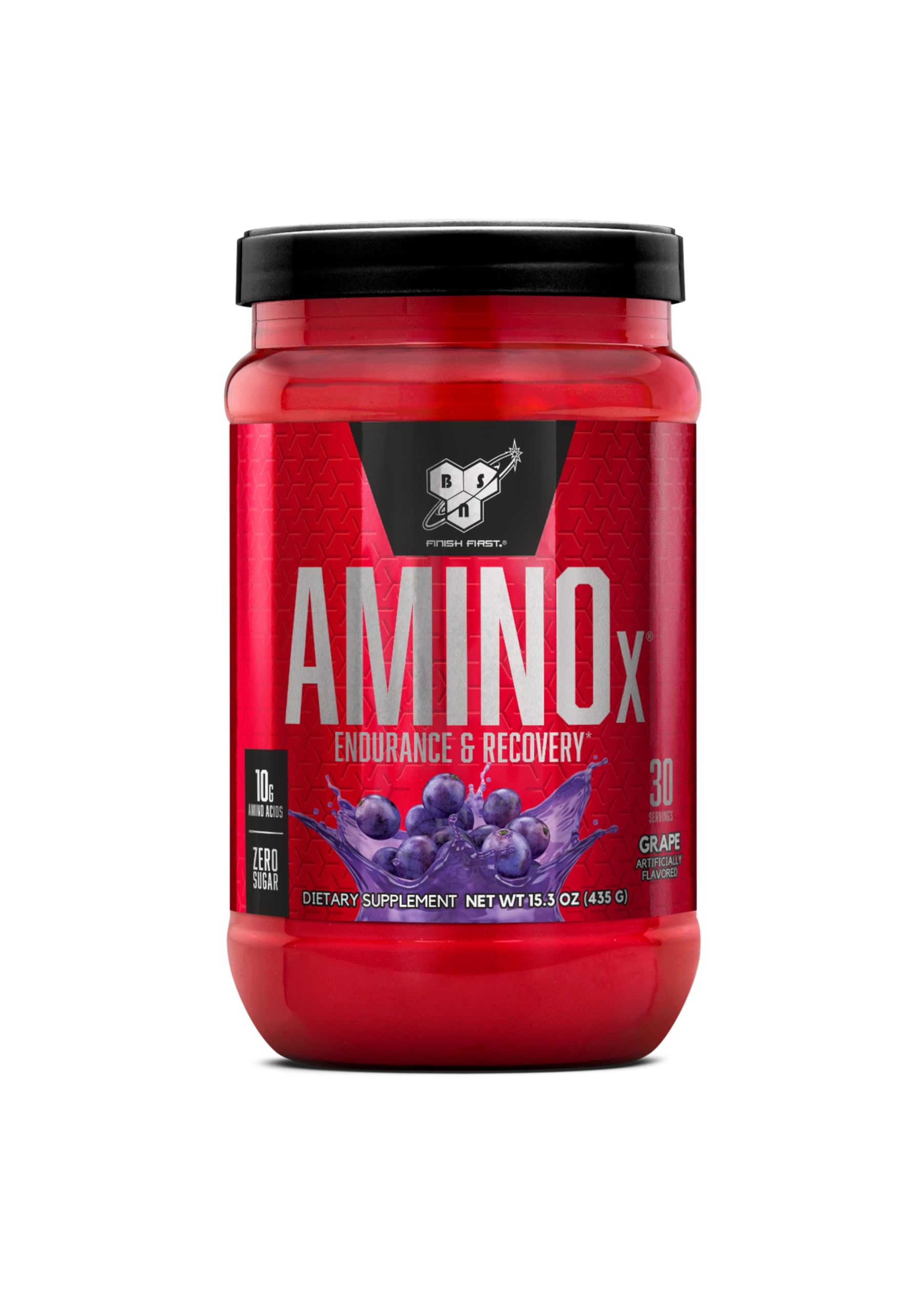 BSN envase frontal de AMINOx sabor uva mostrando diseño y beneficios