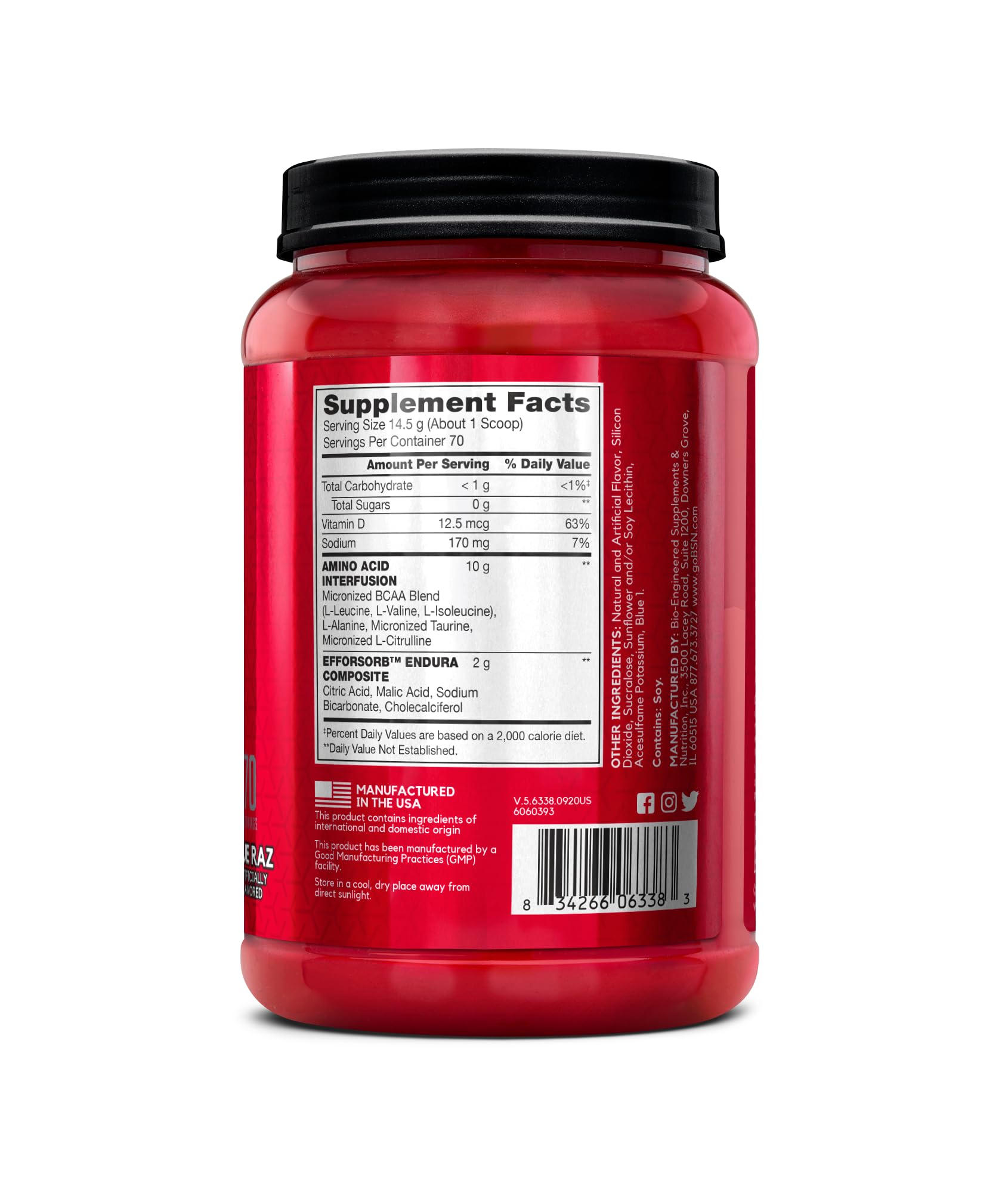 BSN primeros planos de aminoácidos listados, muestra ingredientes clave