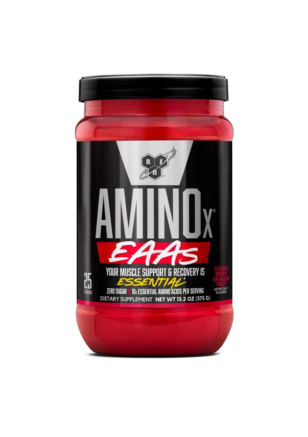 BSN envase AMINOx fresa dragonfruit mostrando diseño y beneficios