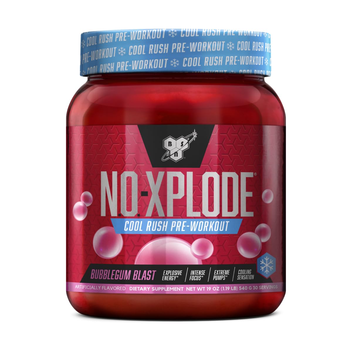 BSN envase frontal mostrando sabor Cool Rush y diseño energizante