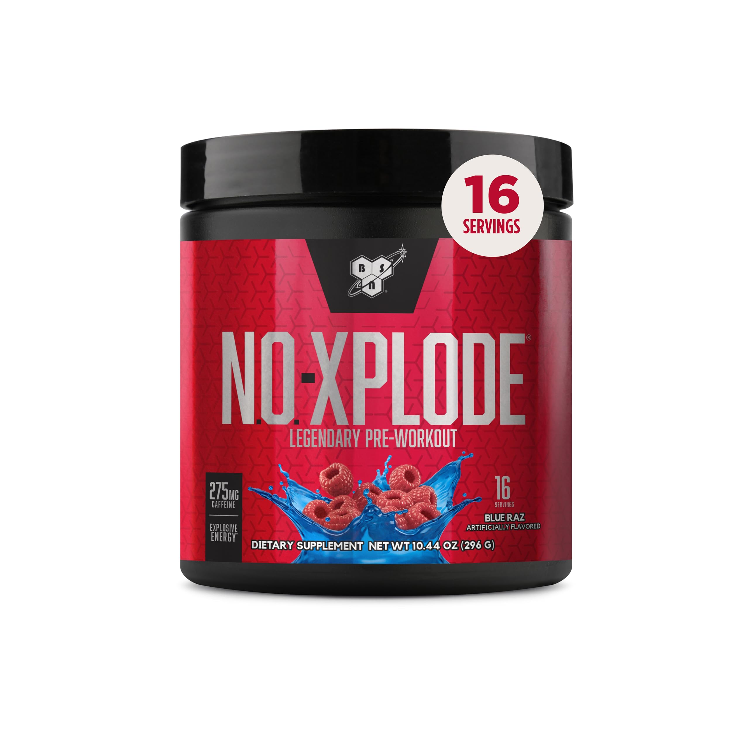 BSN N.O.-XPLODE frente del envase mostrando diseño y sabor Blue Raz