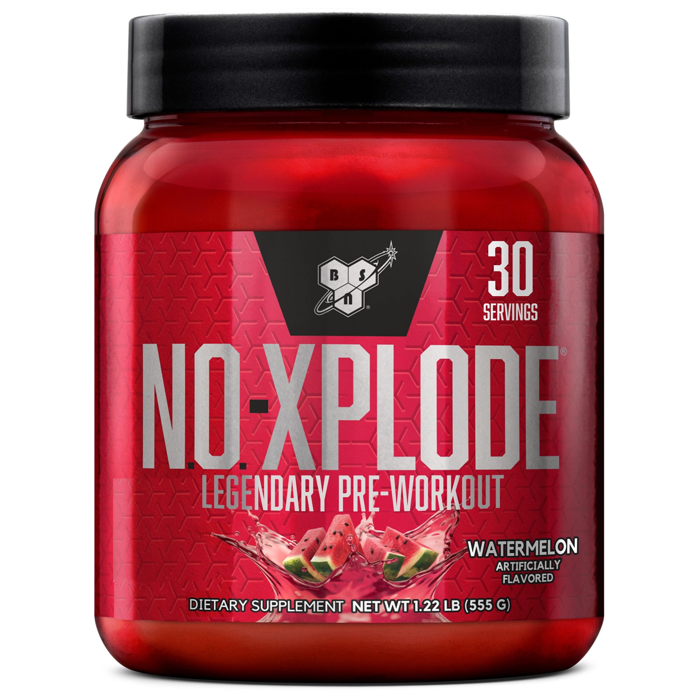 Envase BSN N.O.-XPLODE al frente mostrando diseño y sabor watermelon y ventaja de fácil identificación