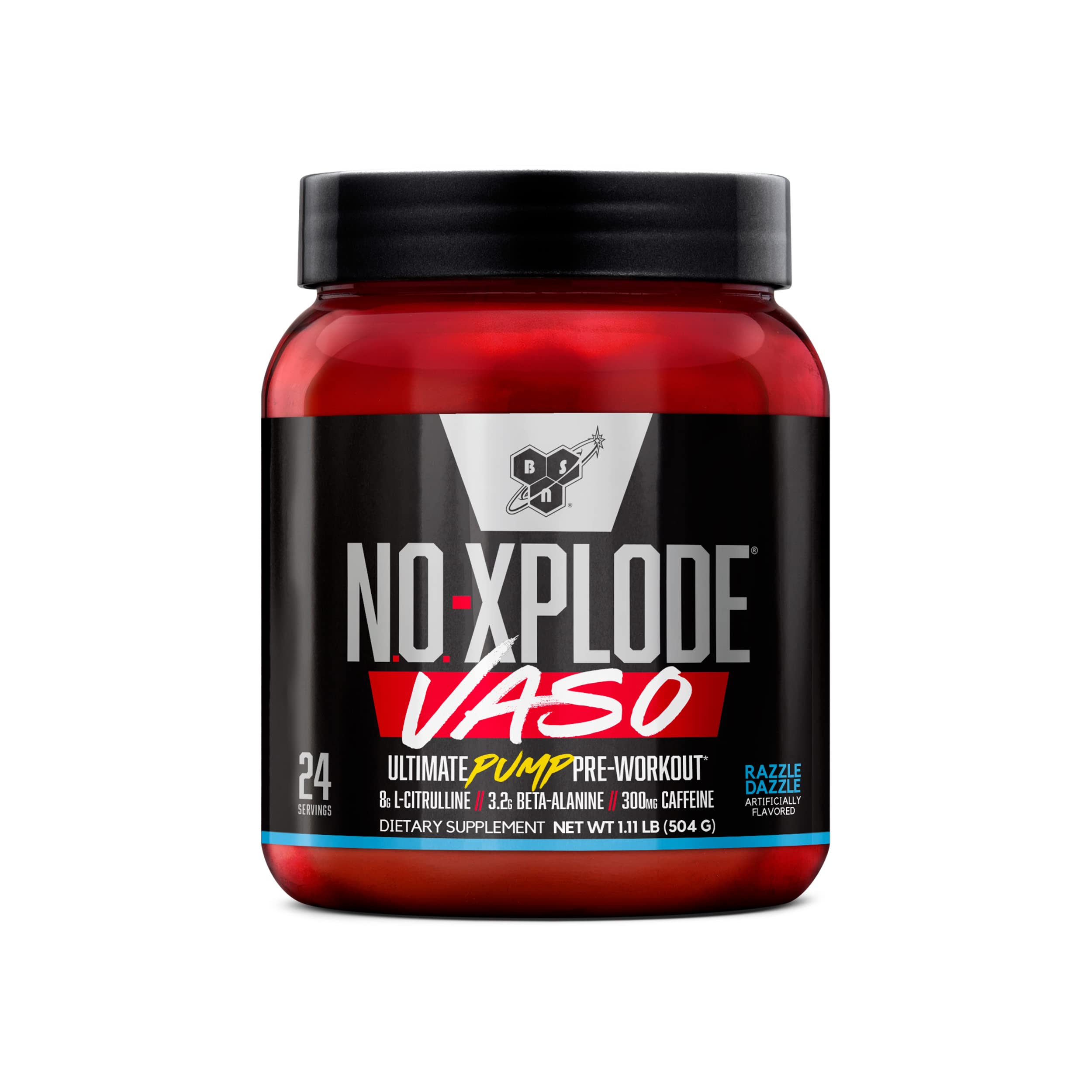 BSN envase frontal de N.O.-XPLODE Vaso mostrando diseño y sabor Razzle Dazzle beneficio visual