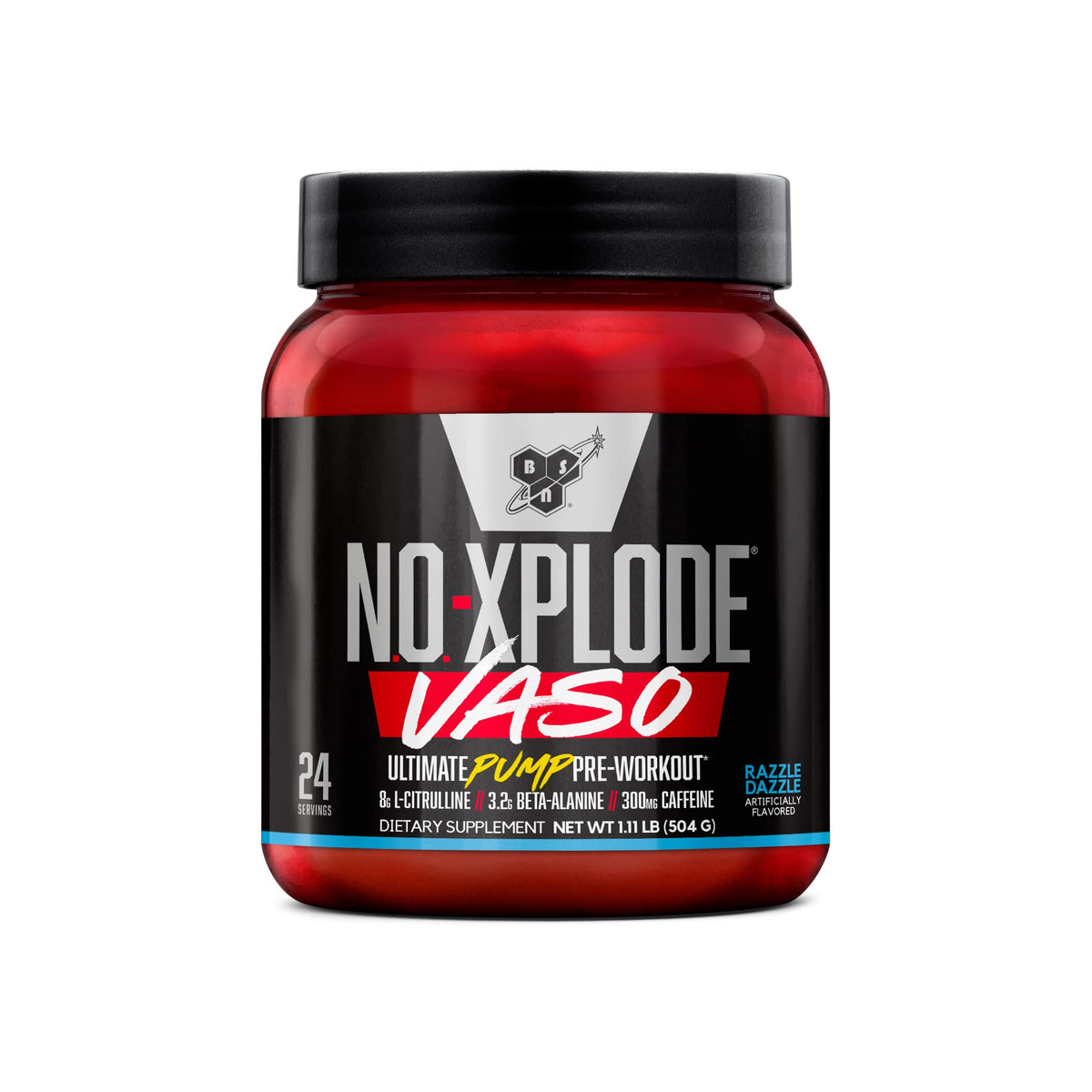 BSN envase frontal de N.O.-XPLODE Vaso mostrando diseño y sabor Razzle Dazzle beneficio visual
