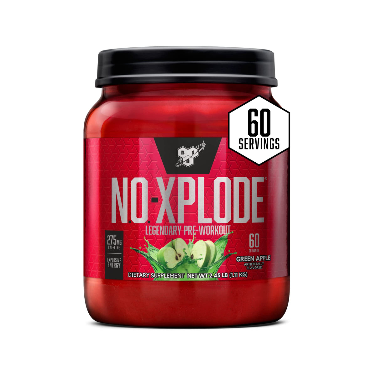 BSN N.O.-XPLODE frente del envase mostrando diseño y beneficios visibles