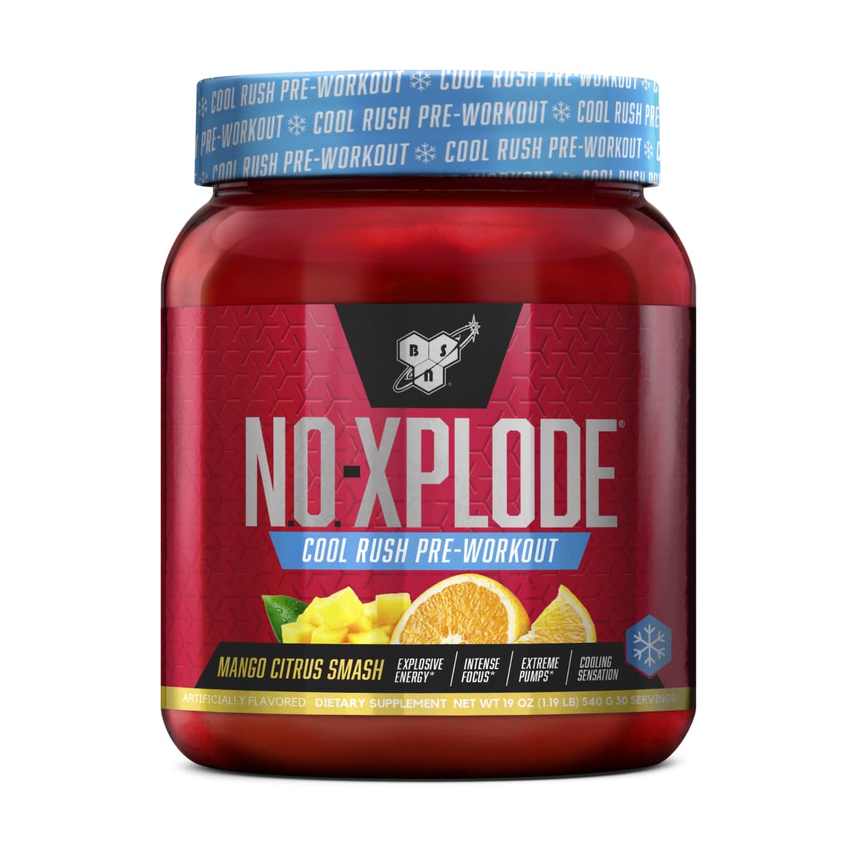 BSN envase frontal N.O.-XPLODE mostrando etiqueta y servicios
