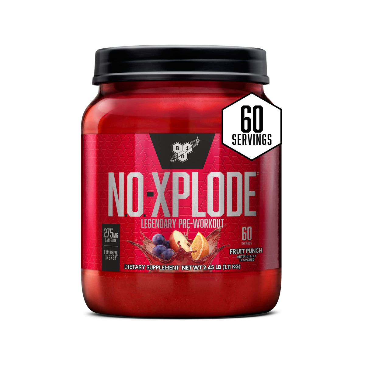BSN envase frontal N.O.-XPLODE Fruit Punch mostrando presentación clara y beneficio energético