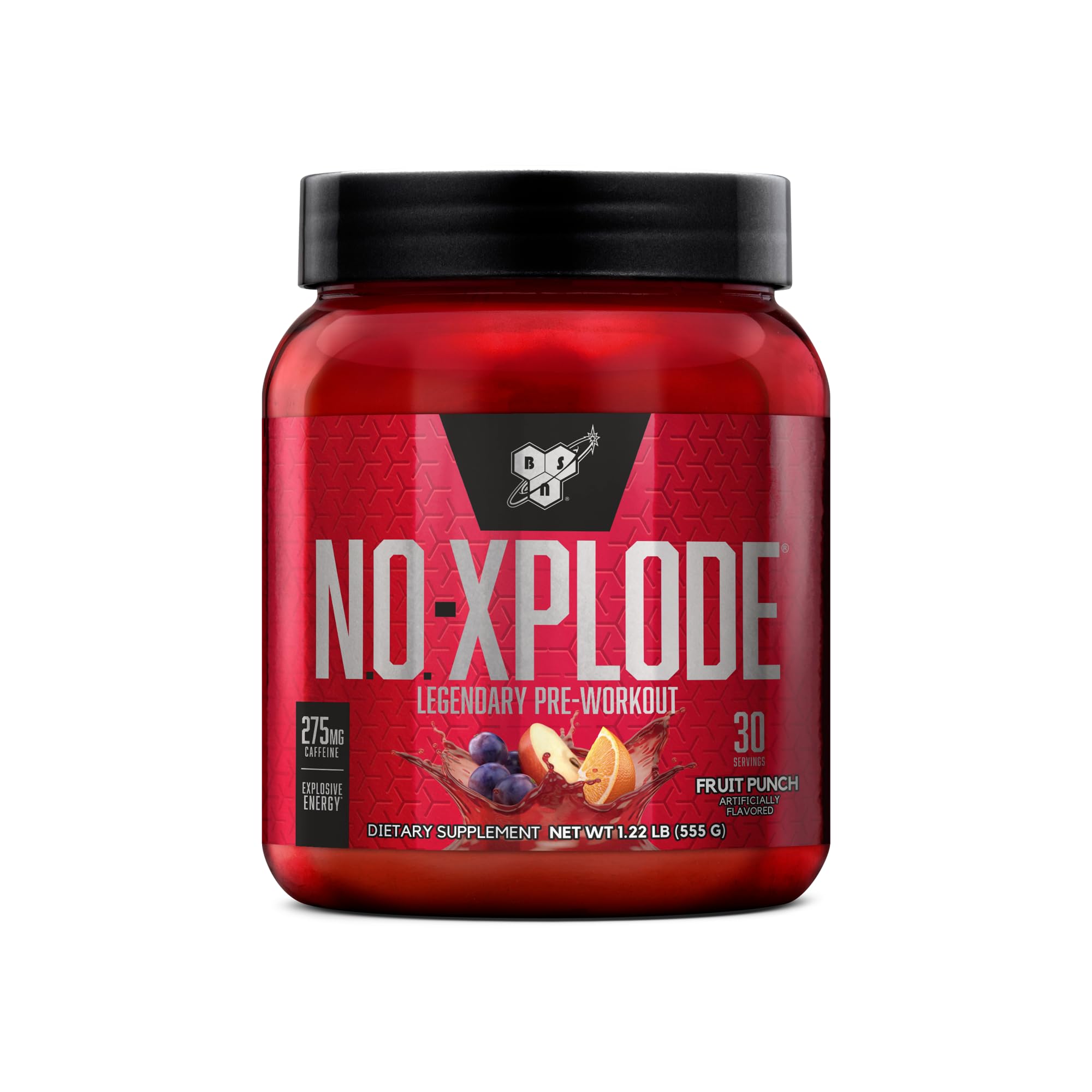 BSN N.O.-XPLODE frente del envase mostrando diseño y sabor Fruit Punch para energía