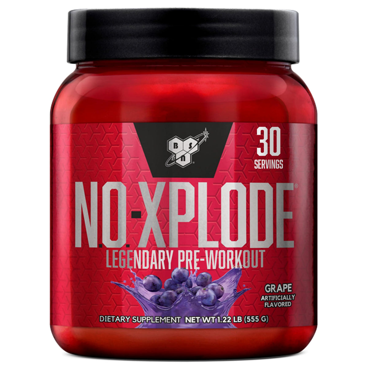 Envase BSN N.O.-XPLODE sabor uva mostrando etiqueta frontal y tamaño