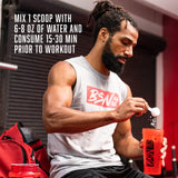BSN producto al lado de pesas en gimnasio mostrando uso pre-entreno