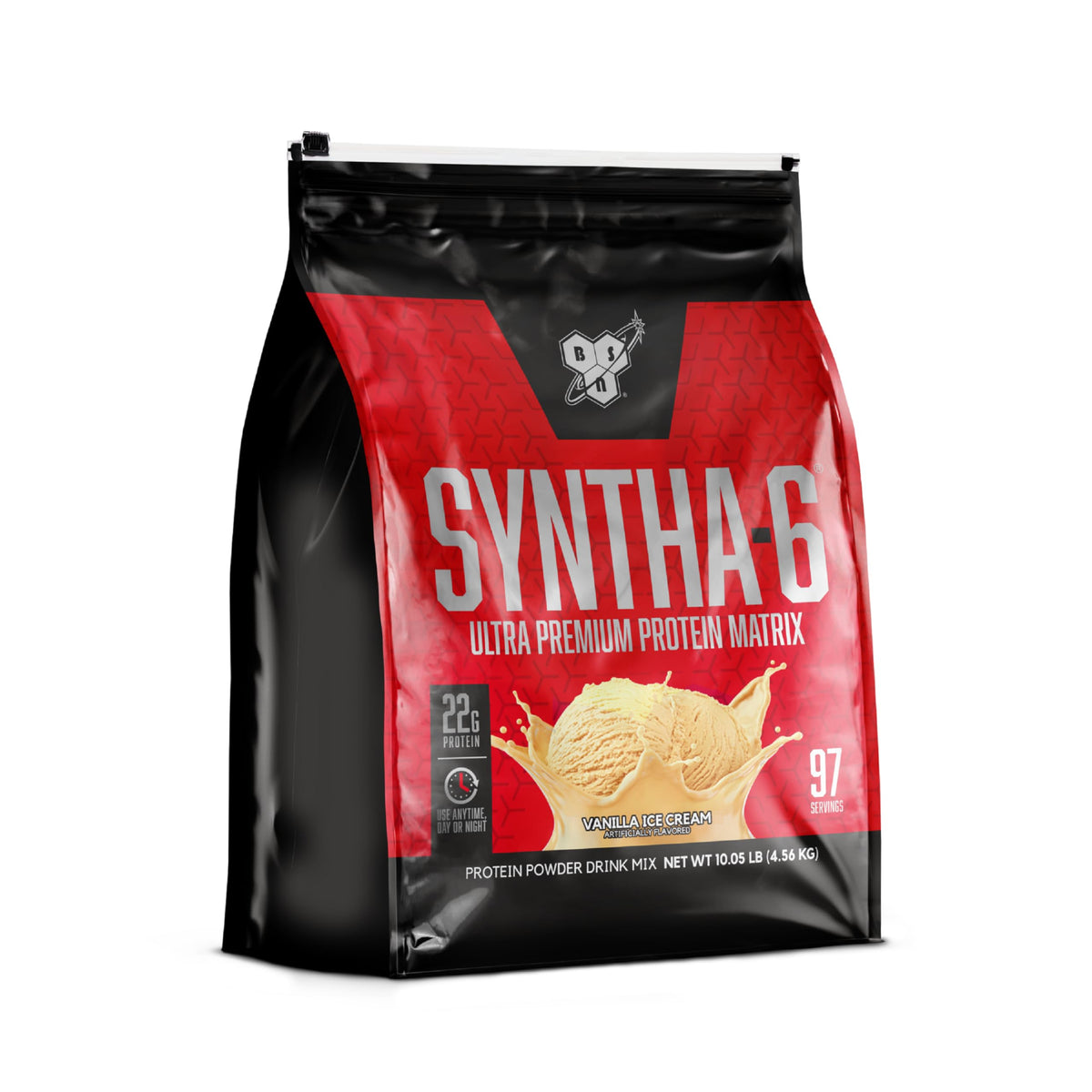 BSN envase frontal SYNTHA-6 mostrando cantidad y sabor, facilita la compra informada