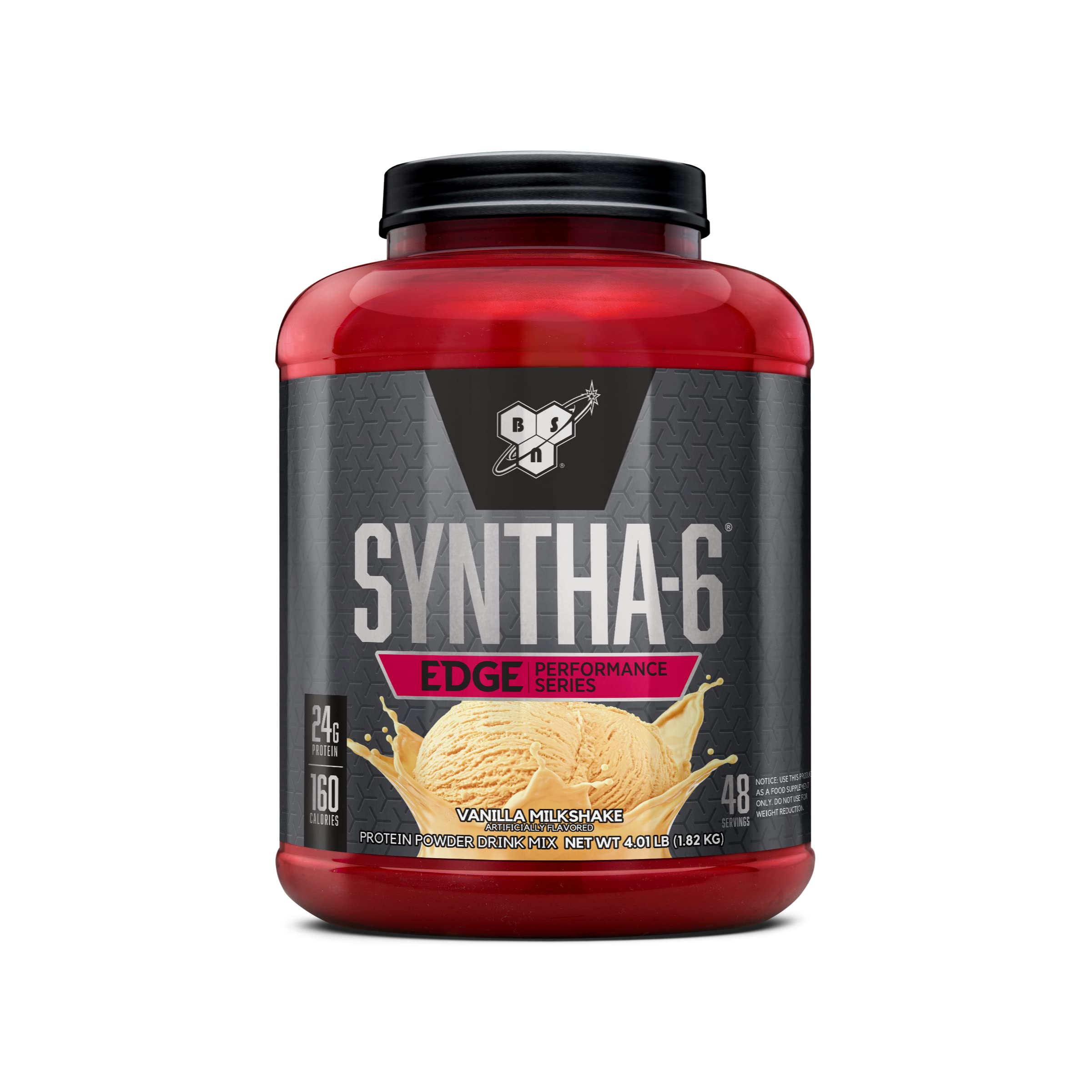 BSN envase frontal SYNTHA-6 EDGE vainilla mostrando diseño y beneficios