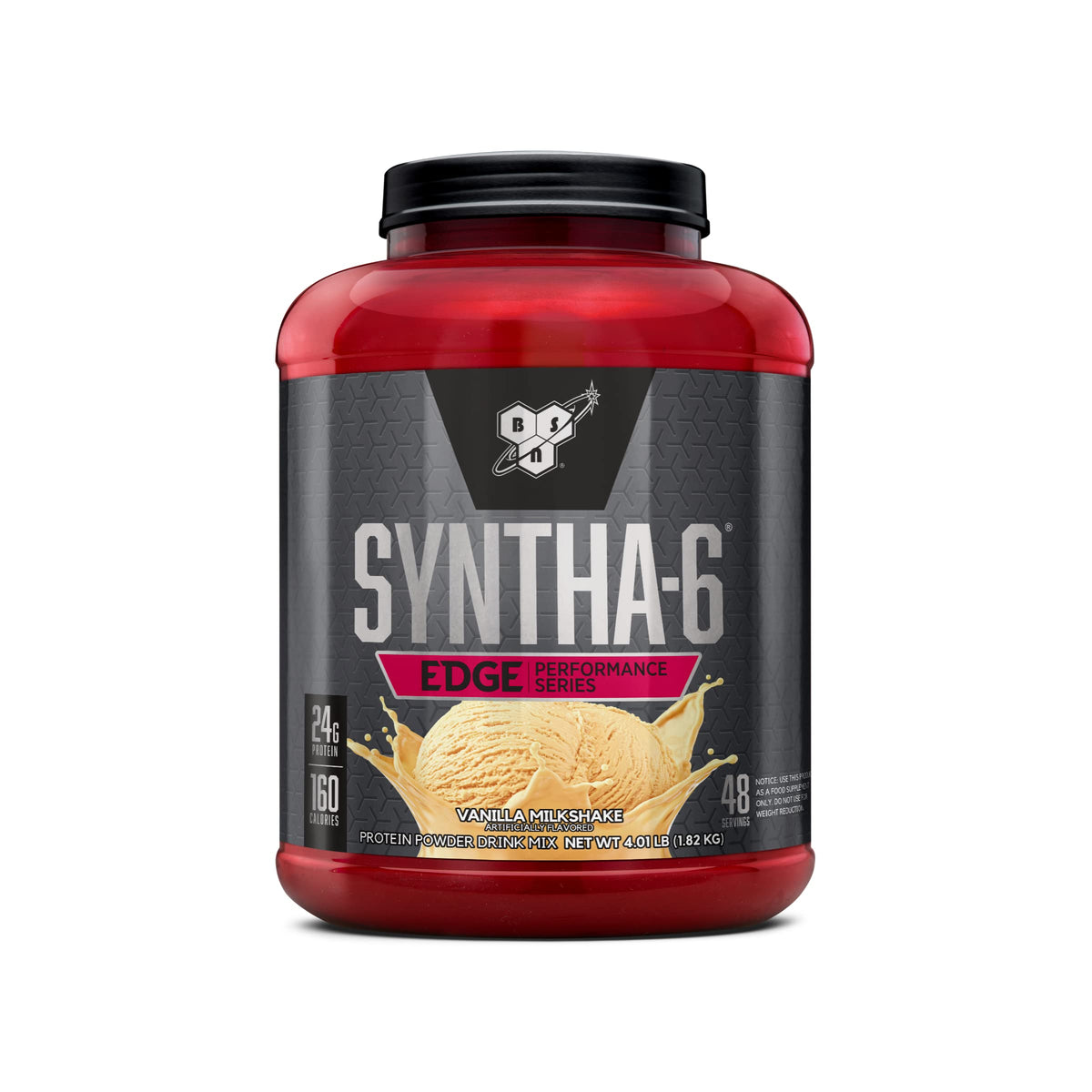BSN envase frontal SYNTHA-6 EDGE vainilla mostrando diseño y beneficios