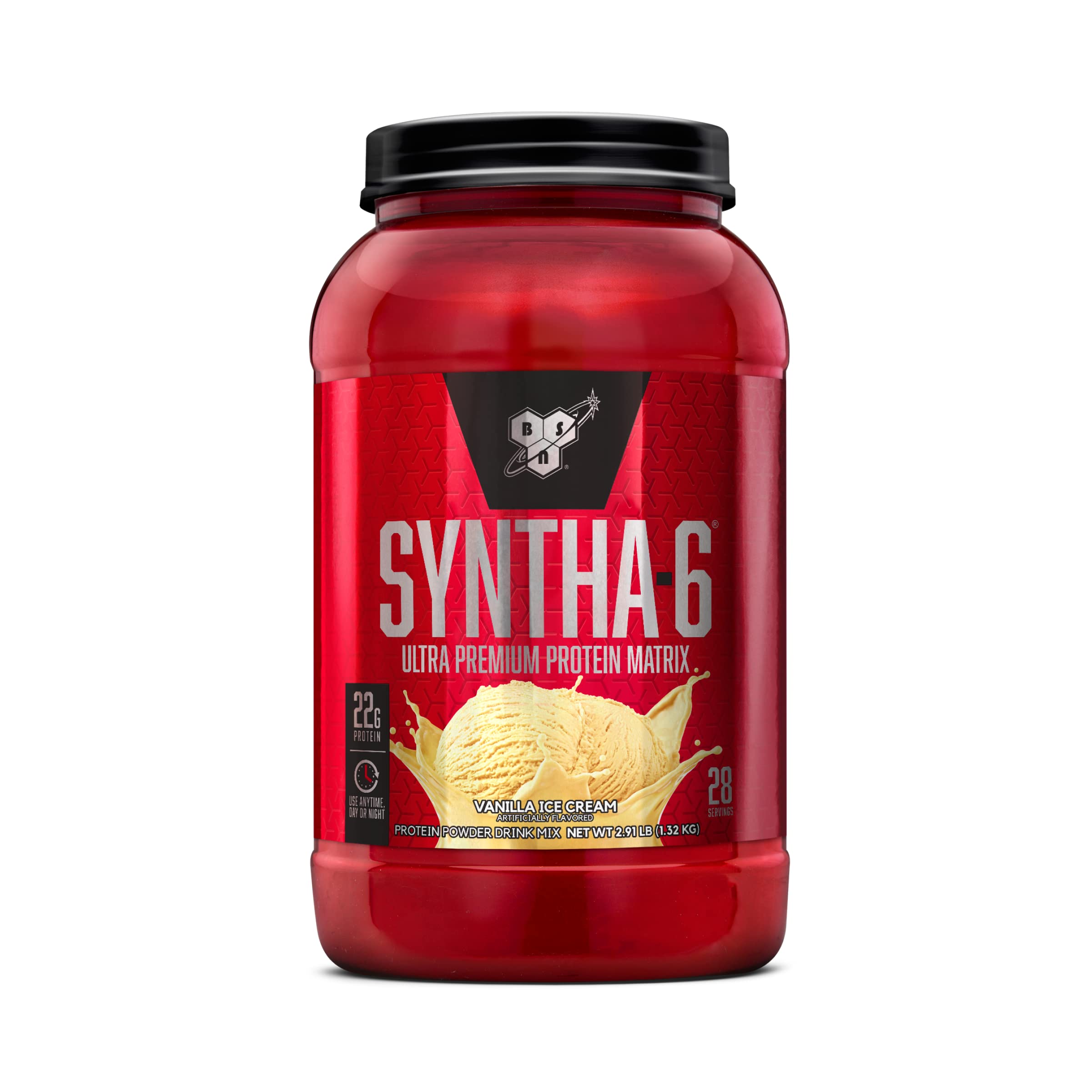 BSN envase frontal de SYNTHA-6 mostrando sabor vainilla y beneficio sabor intenso