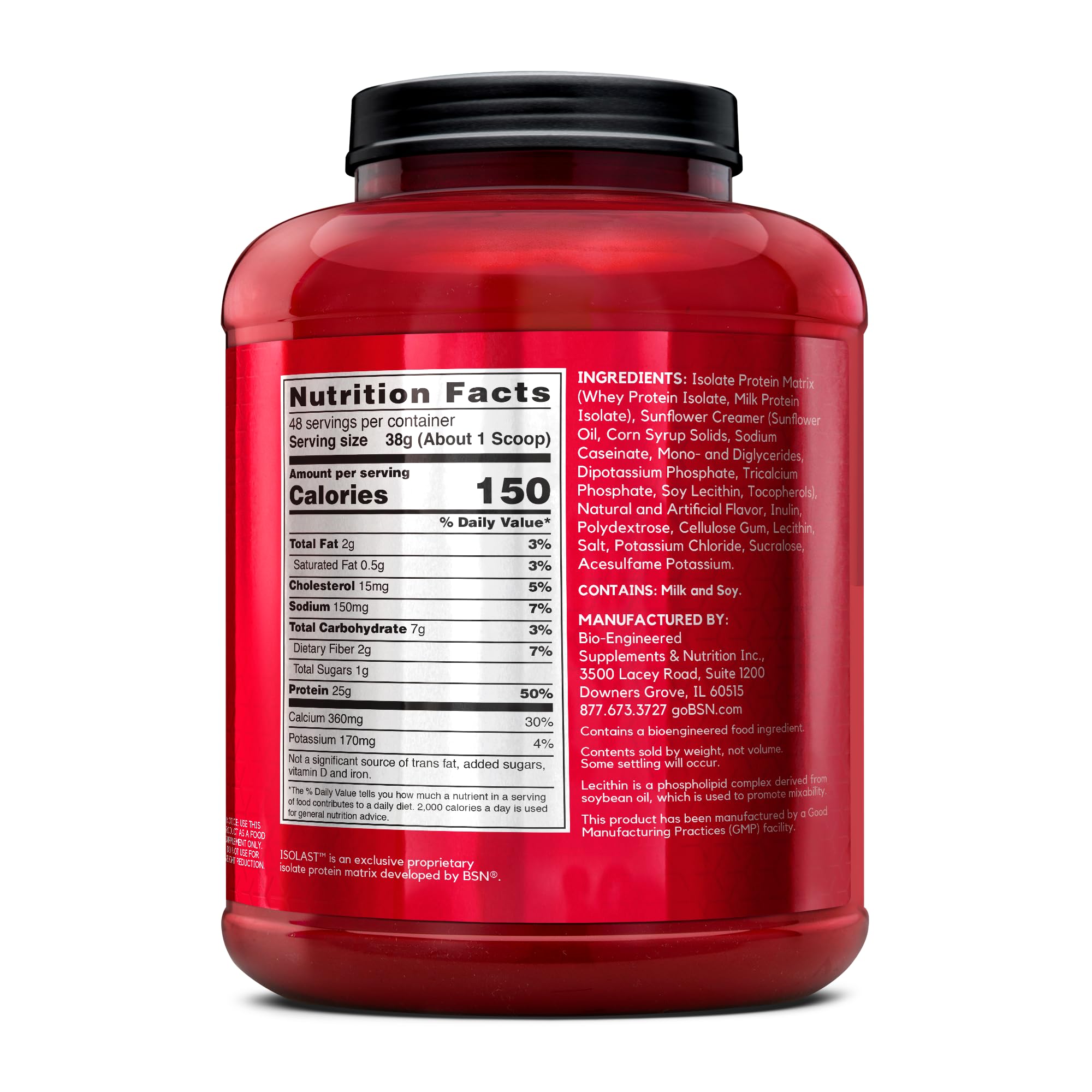 BSN cucharadas medidoras con SYNTHA-6 Isolate señalando las porciones exactas