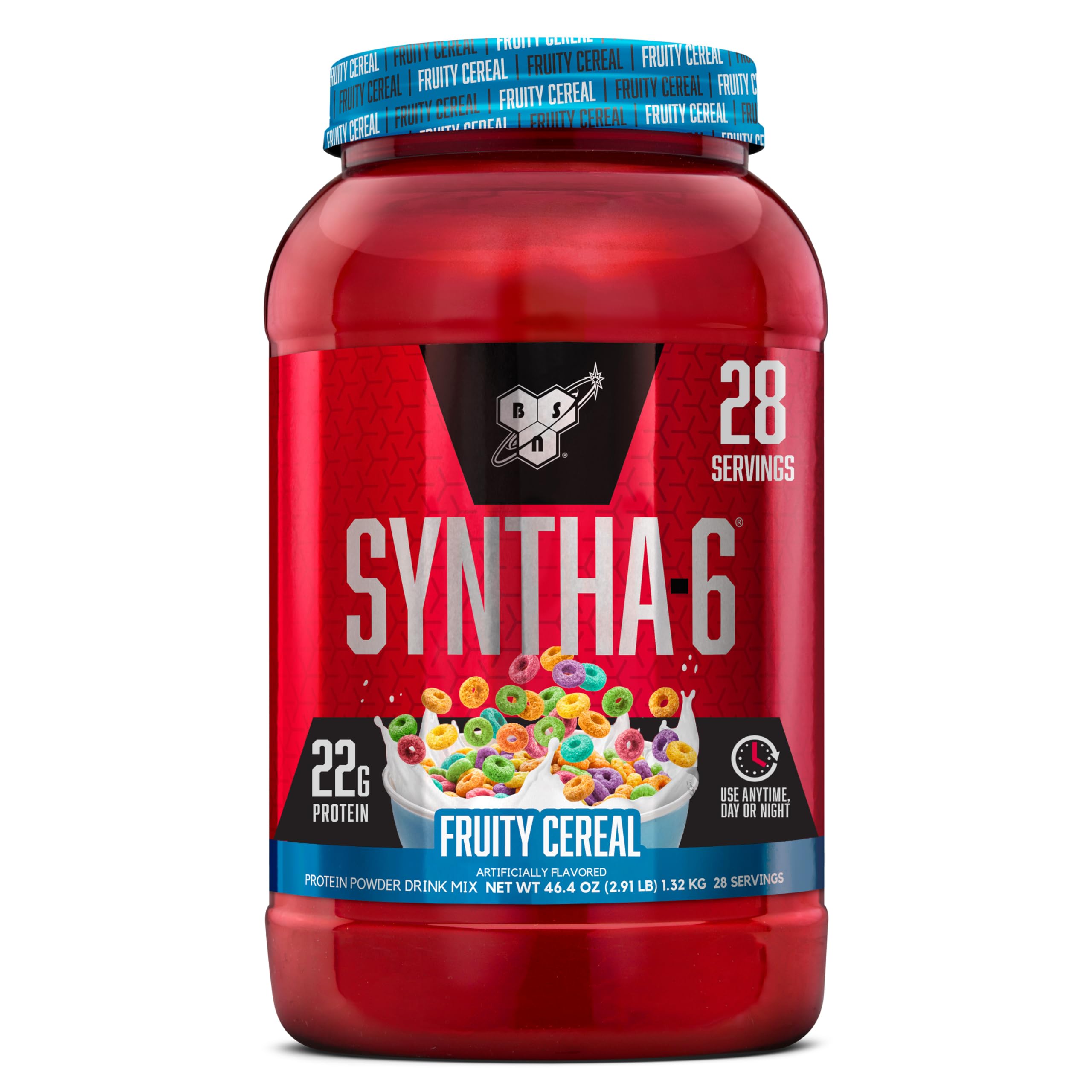 BSN envase frontal mostrando sabor Fruity Cereal y beneficios